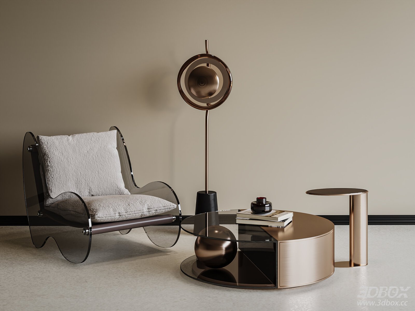 Modern Glass Frame Armchair with Coffee Table and Floor Lamp 3D model - front view