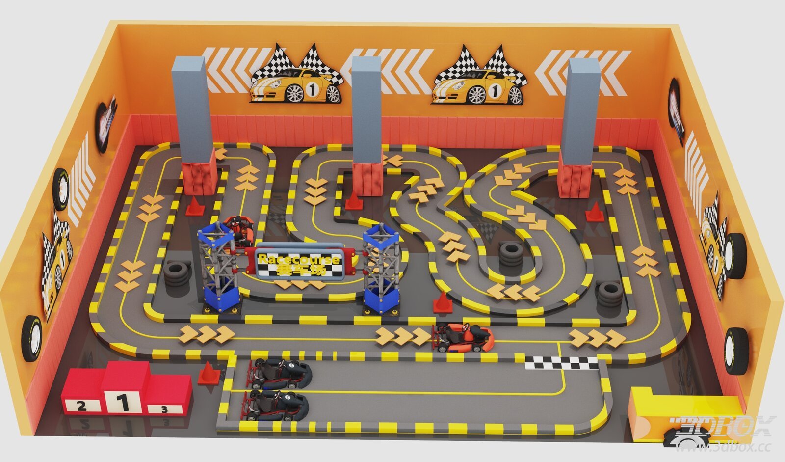Indoor Kids Go-Kart Racing Track Scene 3D model - front view
