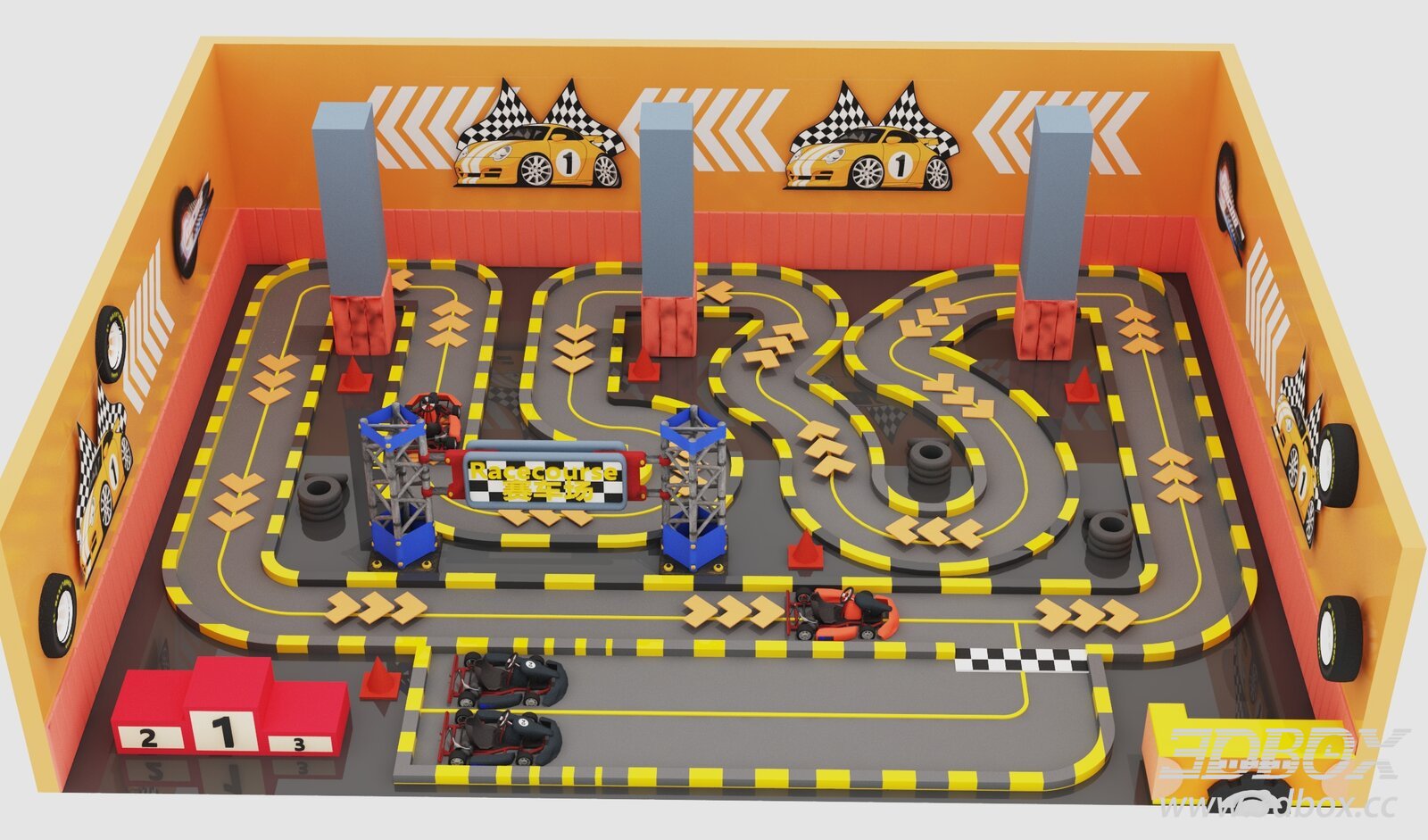 Indoor Kids Go-Kart Racing Track Scene 3D model - thumbnail 1