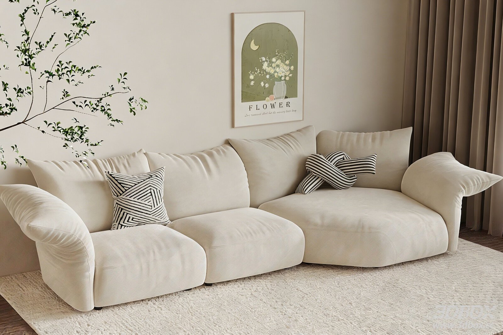 Modern Cream Style Curved Fabric Sofa Set 3D model - front view
