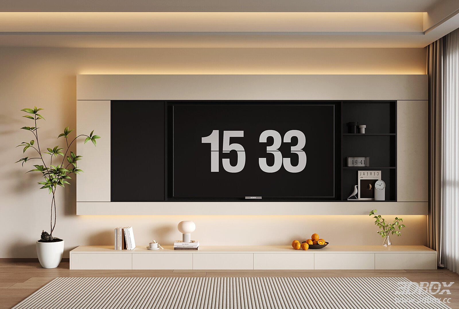 Modern Cream Style TV Wall with Floating Cabinet and Open Shelves 3D model - front view