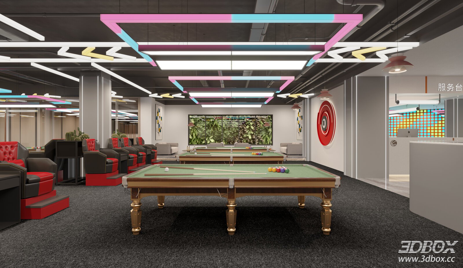 Modern Billiard Hall Entertainment Interior Scene 3D model - front view