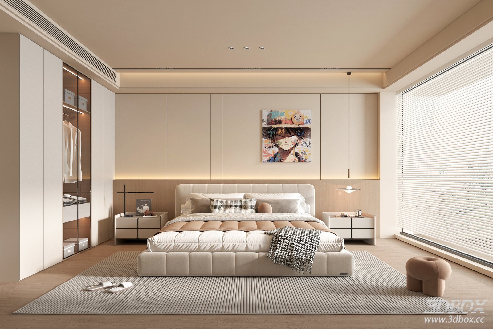Modern Cream Style Bedroom Interior Scene 3D model - front view