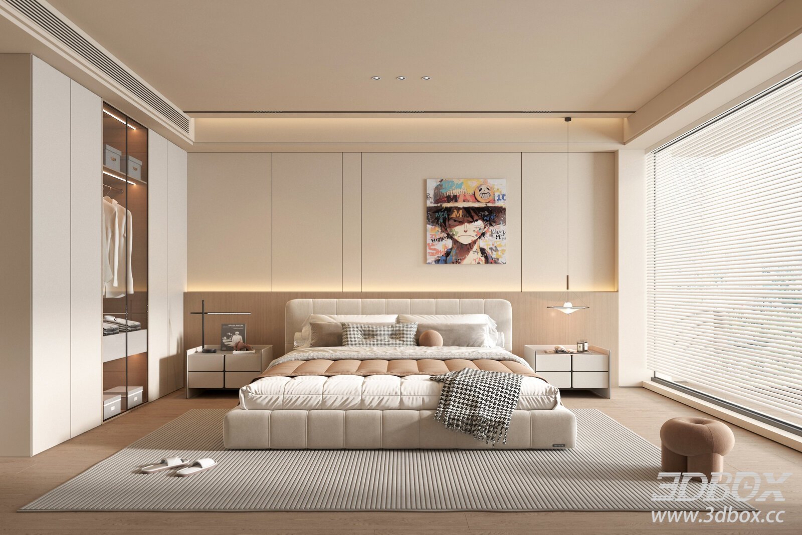 Modern Cream Style Bedroom Interior Scene 3D model - thumbnail 1