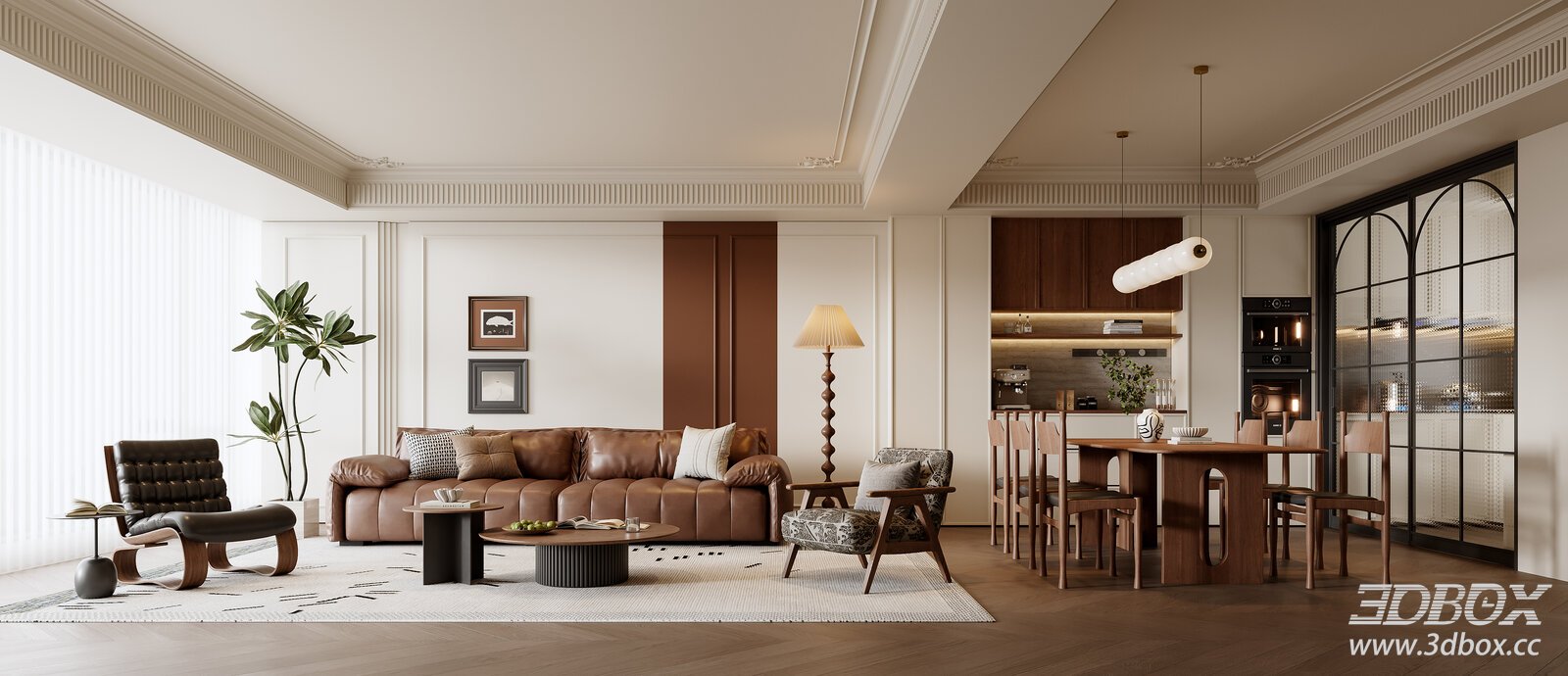 French Vintage Mid-century Living and Dining Room 3D model - front view