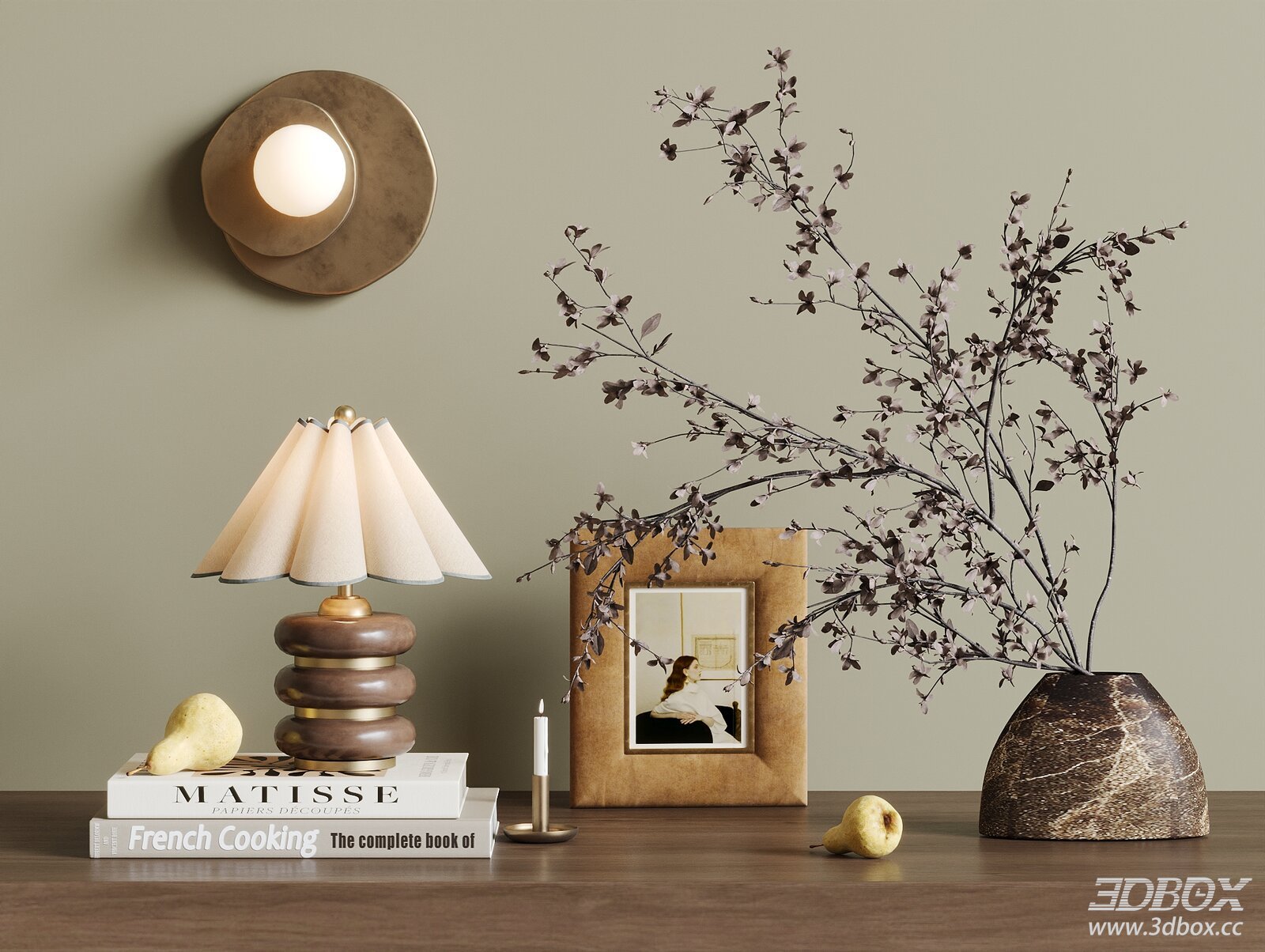 Wabi Sabi Table Lamp Decor Set with Dried Flower Vase 3D model - front view