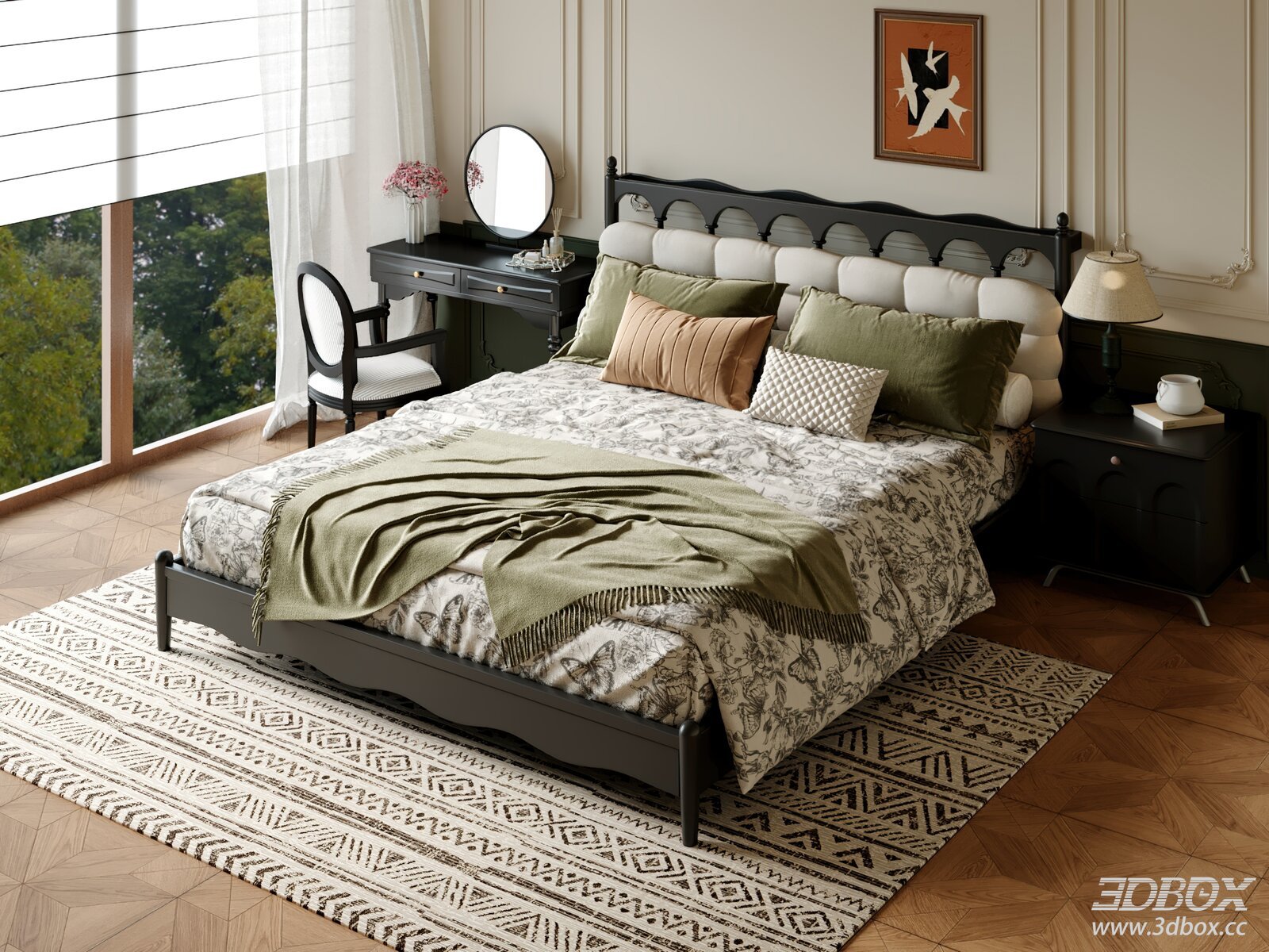 French Vintage Style Bedroom Interior Scene 3D model - front view