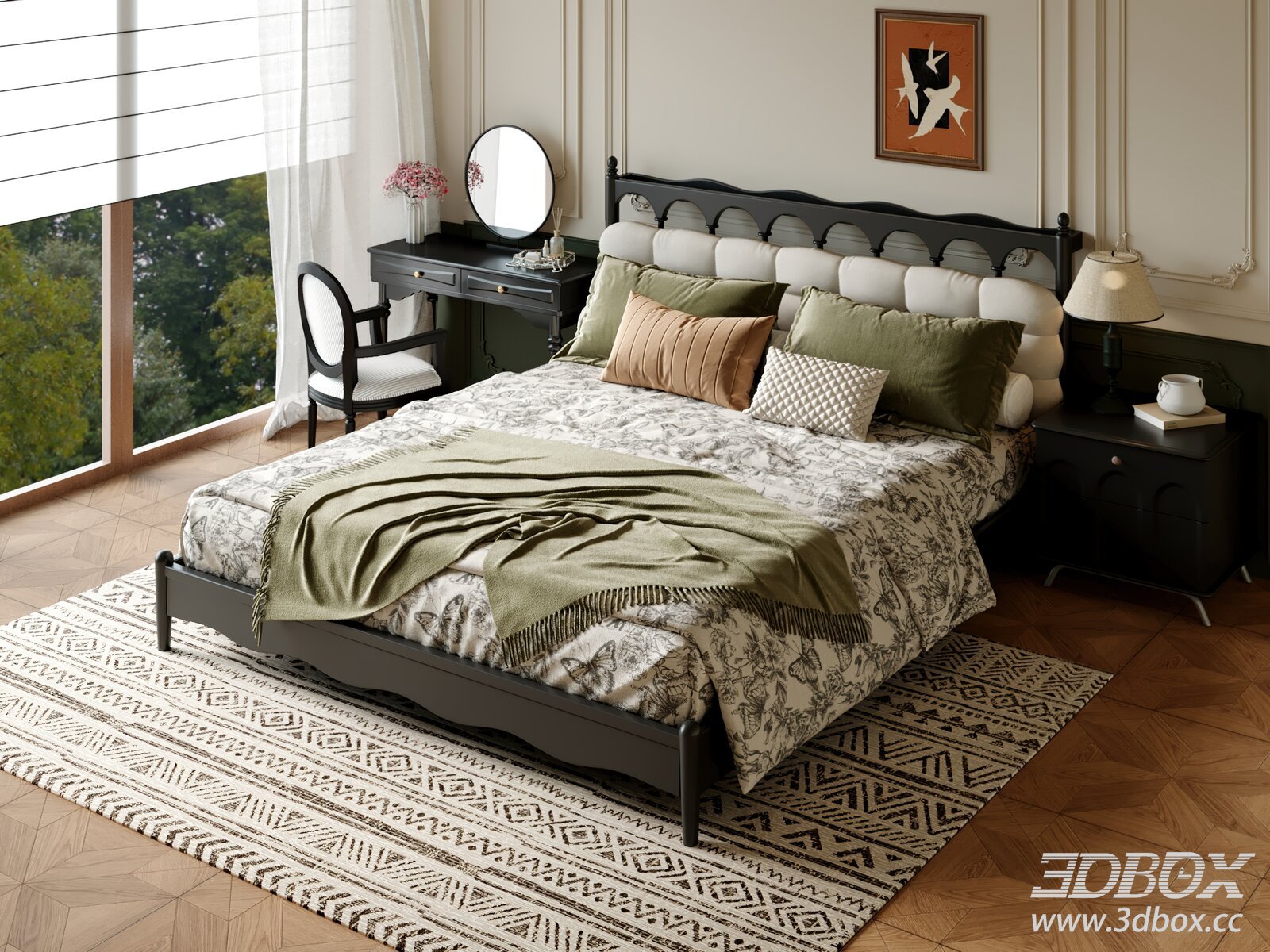 French Vintage Style Bedroom Interior Scene 3D model - thumbnail 1