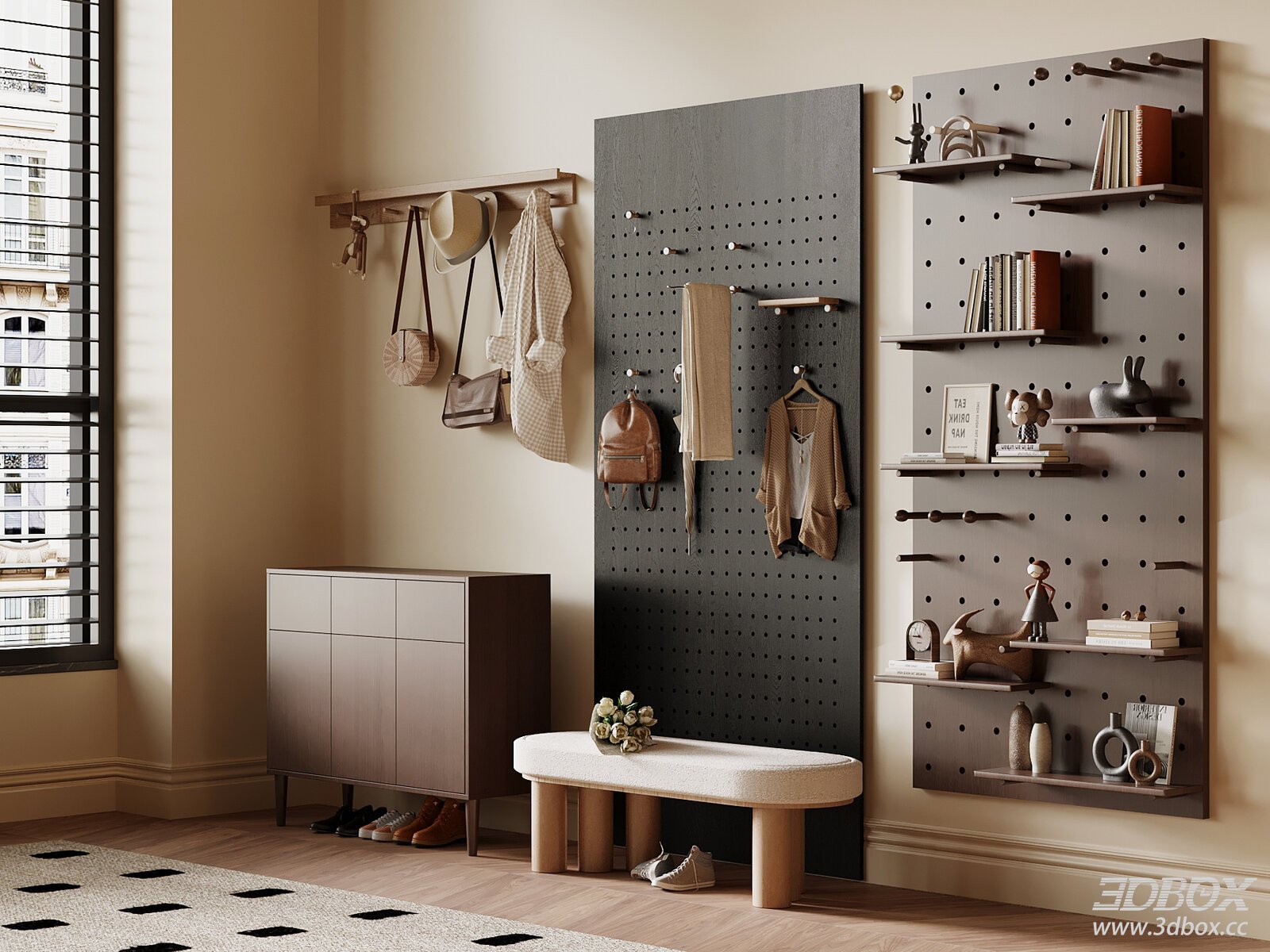 Mid Century Modern Hallway Scene with Shoe Cabinet and Pegboard 3D model - front view