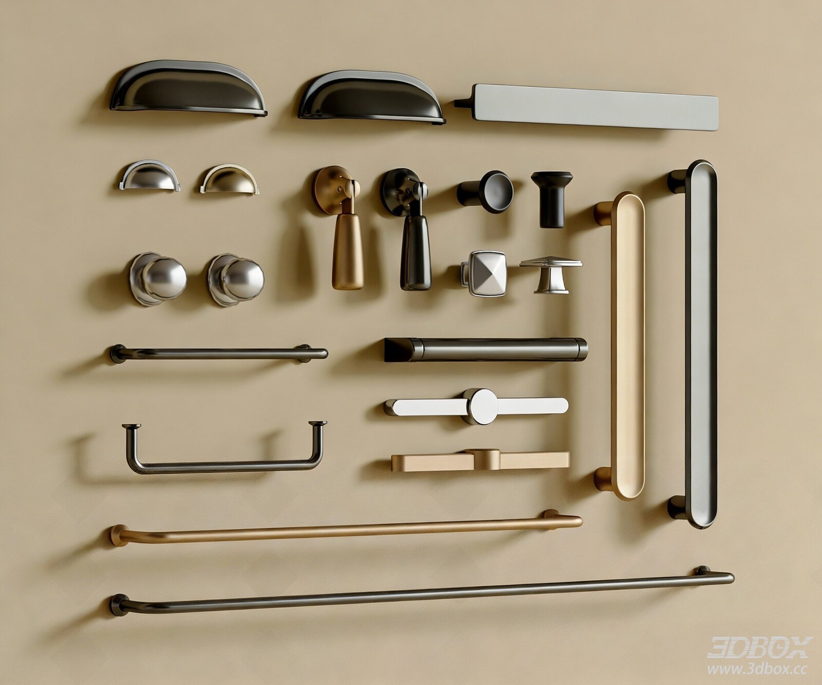 Modern Cabinet Door Handle Set Metal Furniture Hardware 3D model - front view