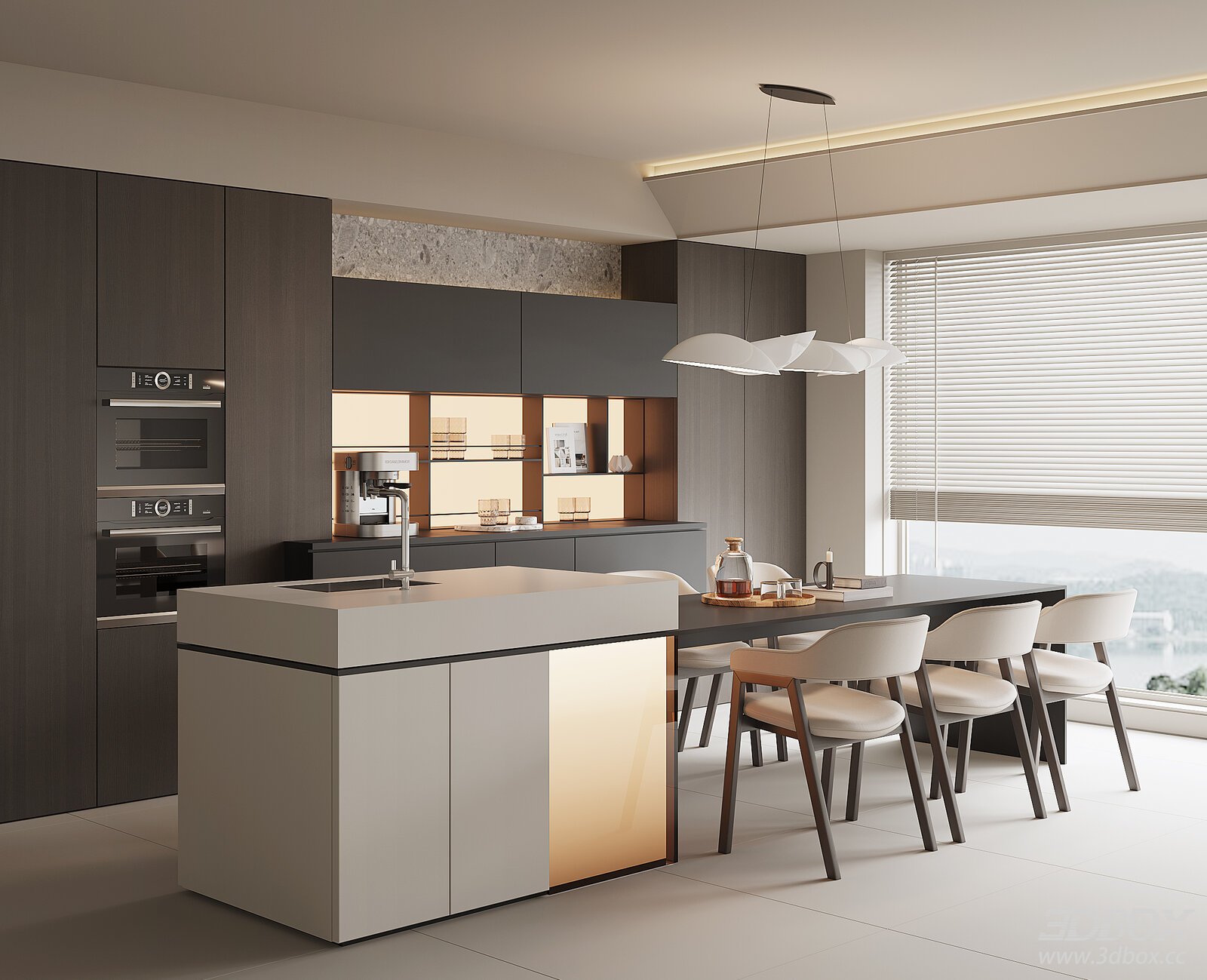 Modern Minimalist Kitchen and Dining Room Interior 3D model - front view