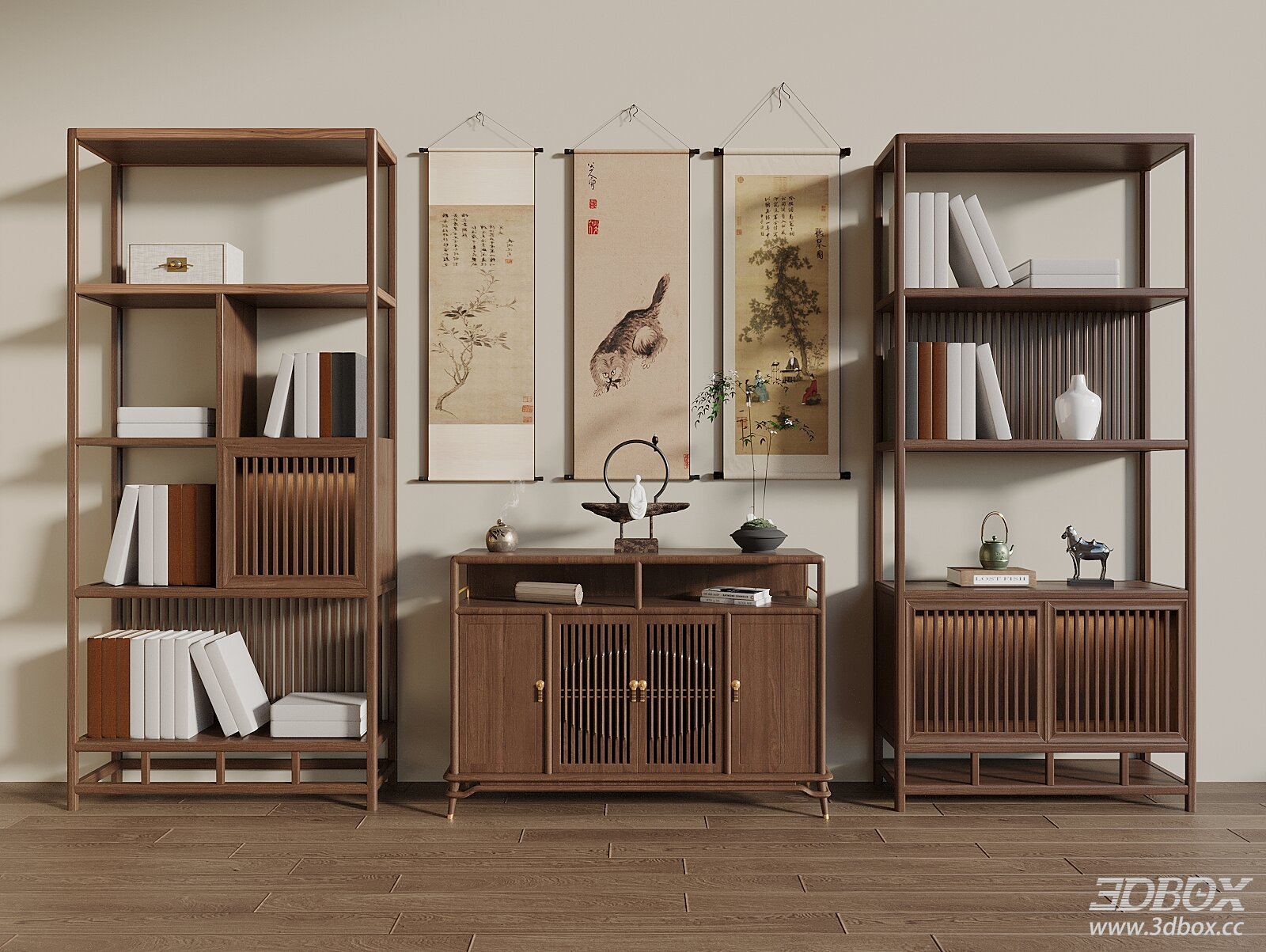 New Chinese Style Wooden Display Shelf and Side Cabinet Set 3D model - front view