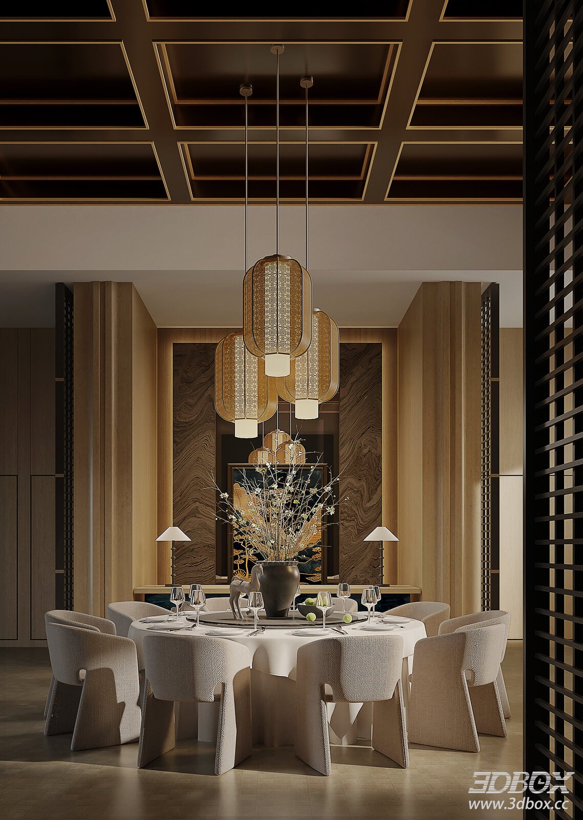 Modern Luxury Private Restaurant Dining Room Scene 3D model - front view