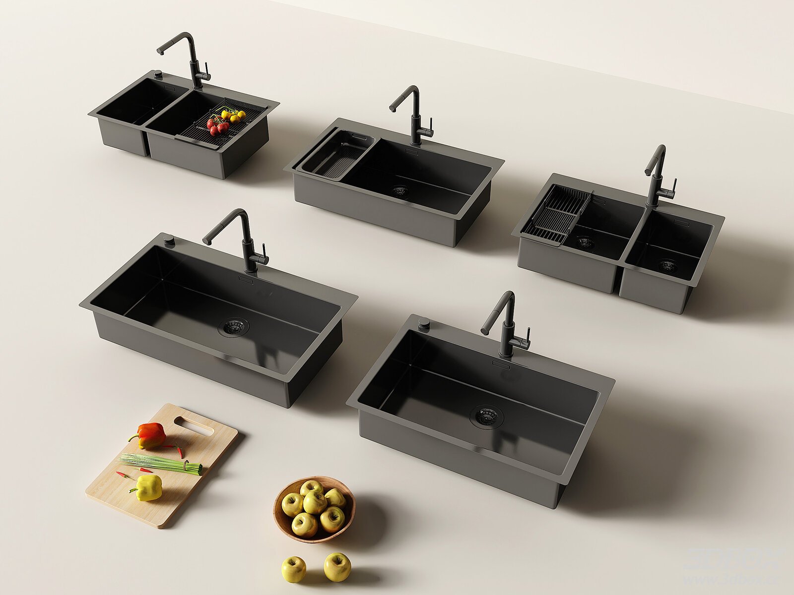 Modern Kitchen Sink Set with Faucet and Accessories 3D model - front view