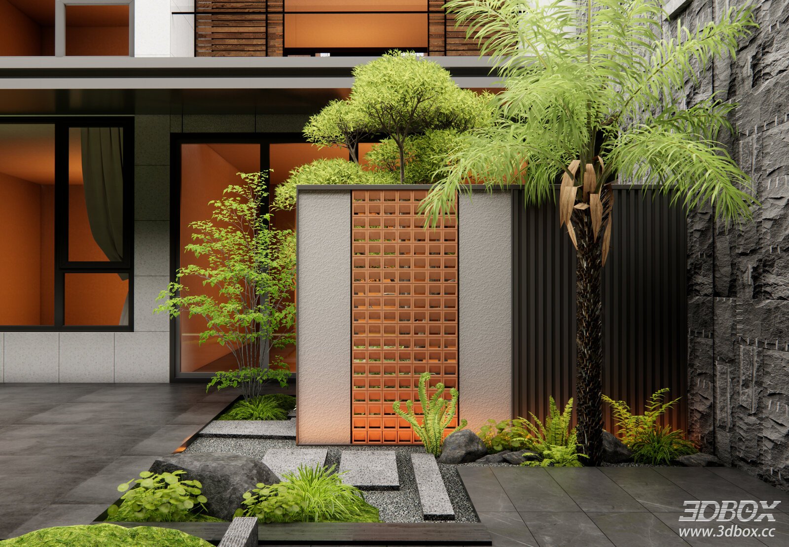 Modern Courtyard Landscape Wall Hollow Partition Plant Landscape Set 3D model - front view