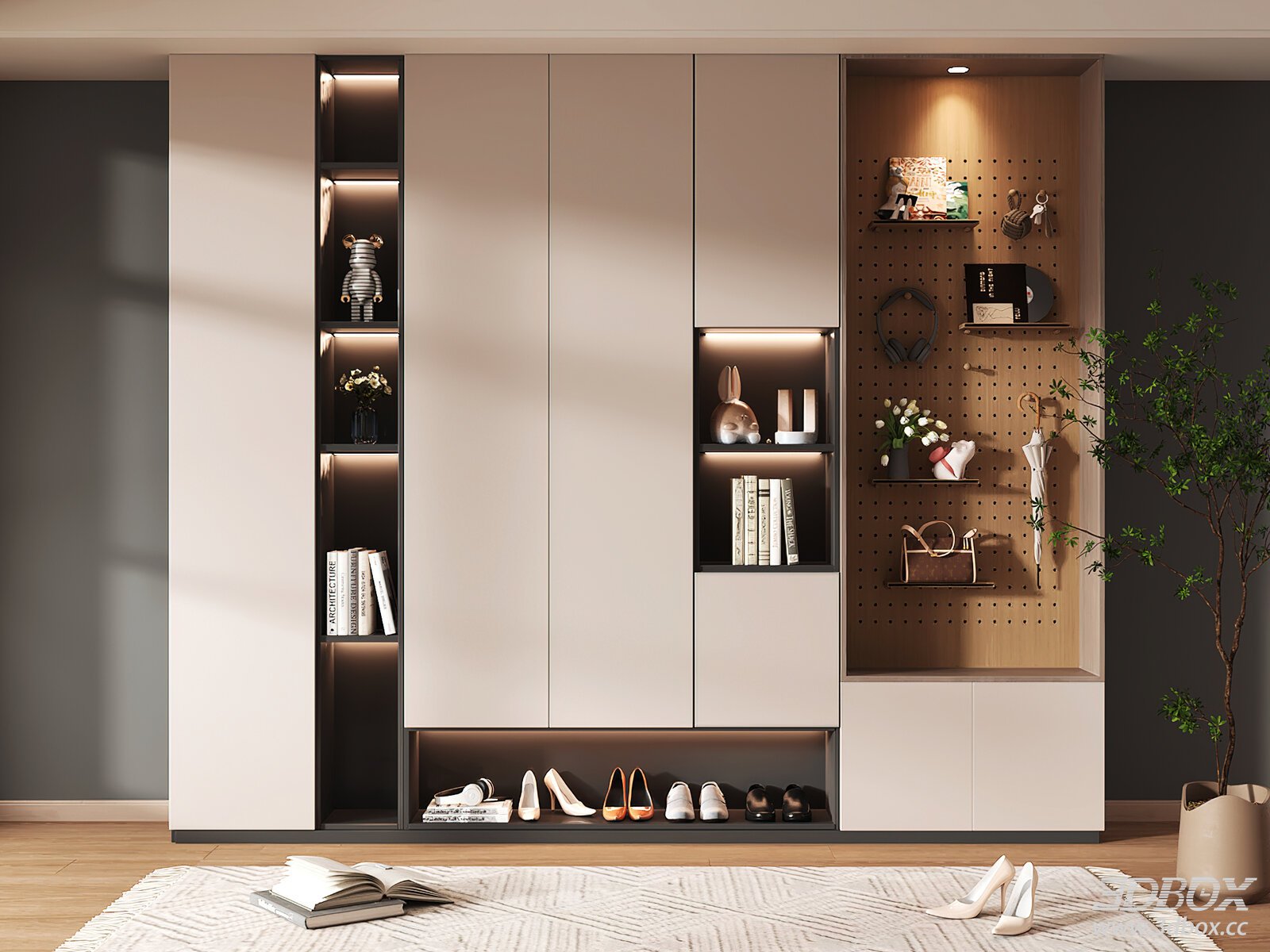 Modern Hallway Shoe Storage Cabinet with LED Lighting 3D model - front view