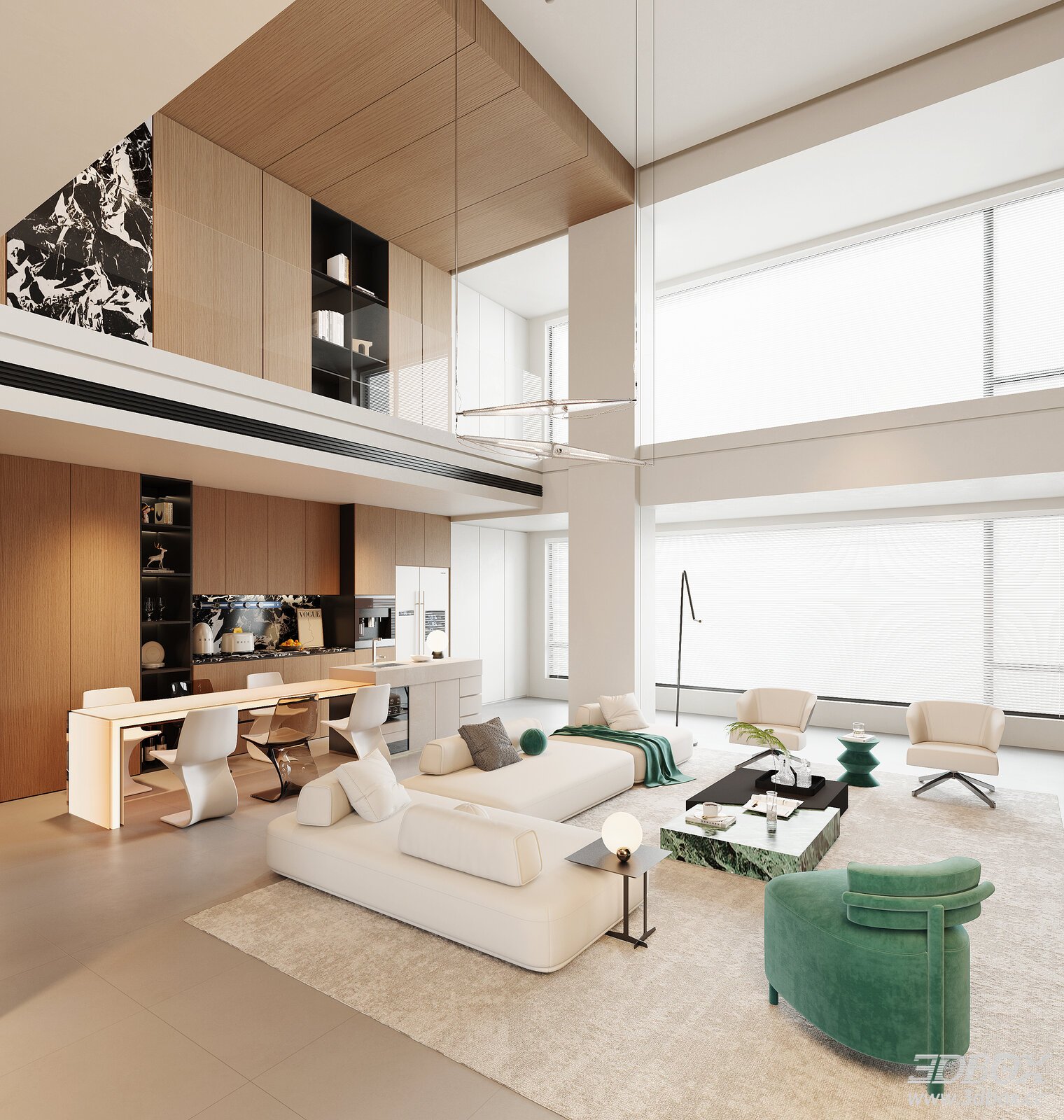 Modern Minimalist Duplex Living Room with Open Kitchen 3D model - front view