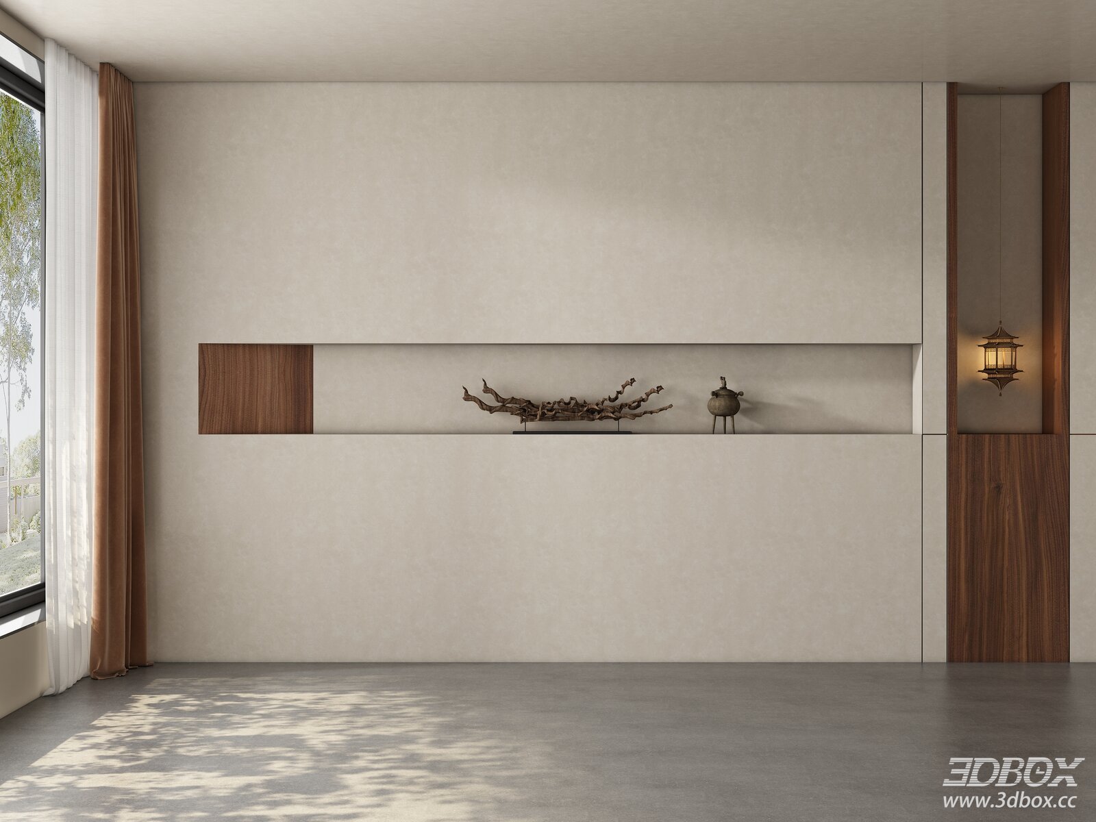 Modern Wabi Sabi TV Wall with Recessed Shelf and Decor 3D model - front view