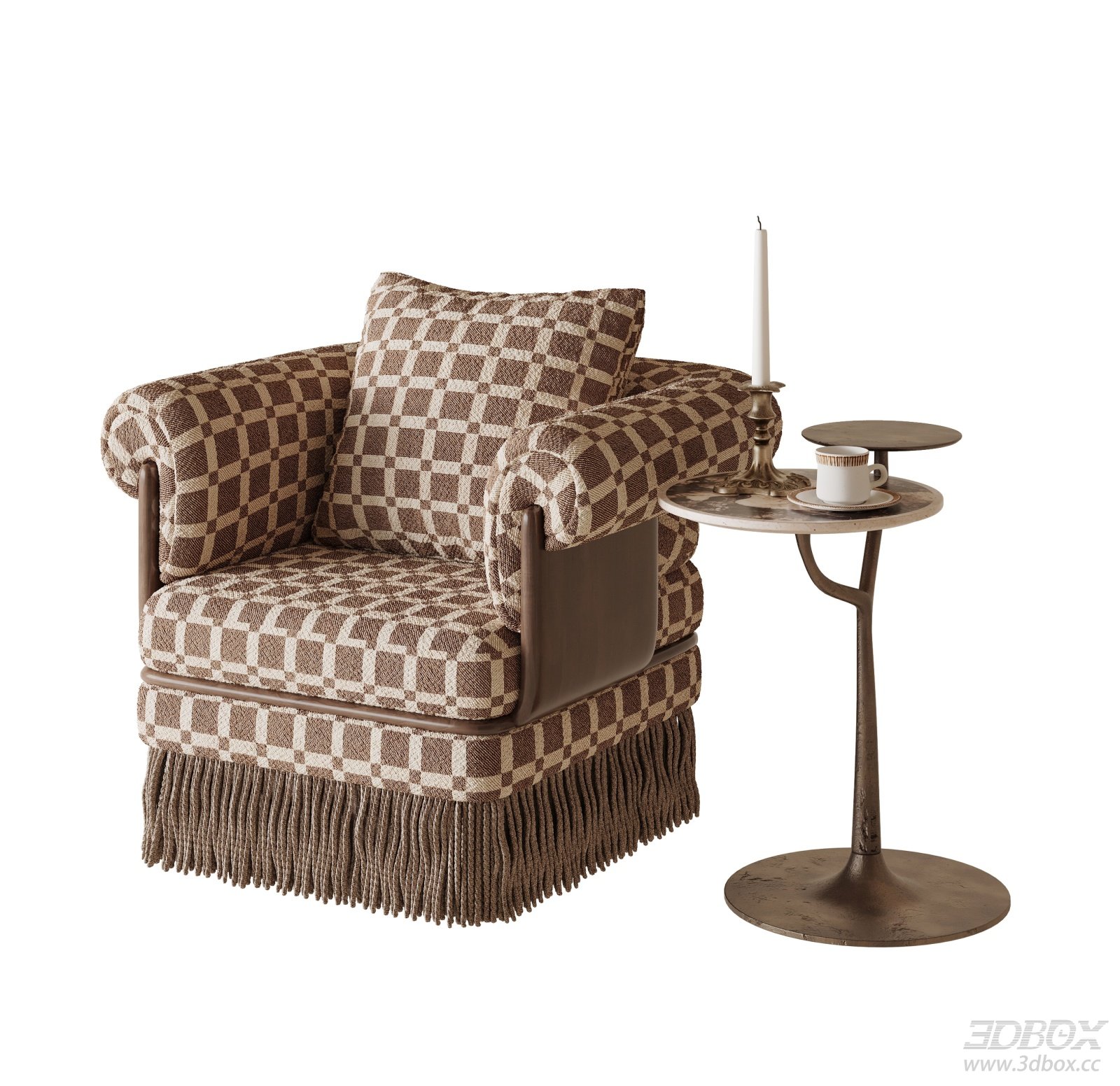 Vintage Checkered Single Sofa with Fringe Detail 3D model - front view