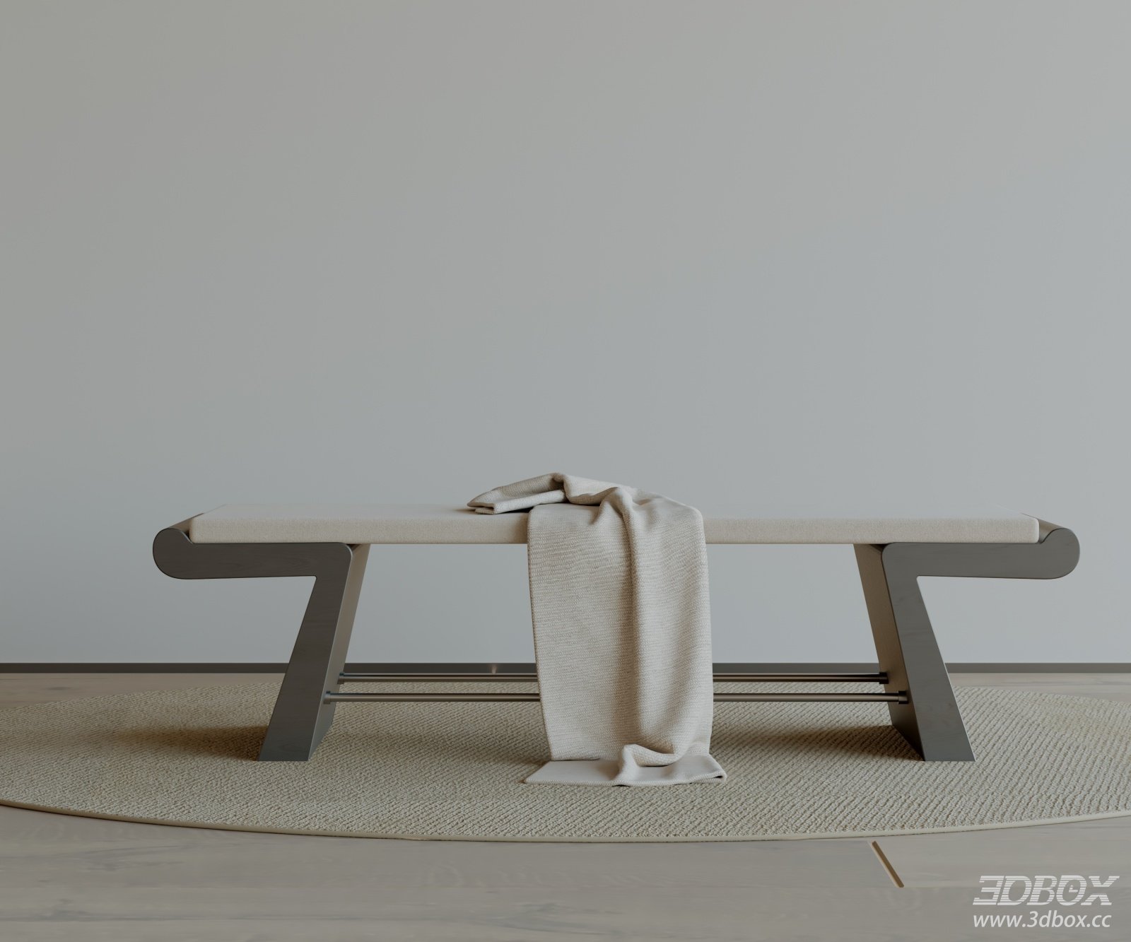 Modern Upholstered Entry Bench with Throw Blanket 3D model - front view