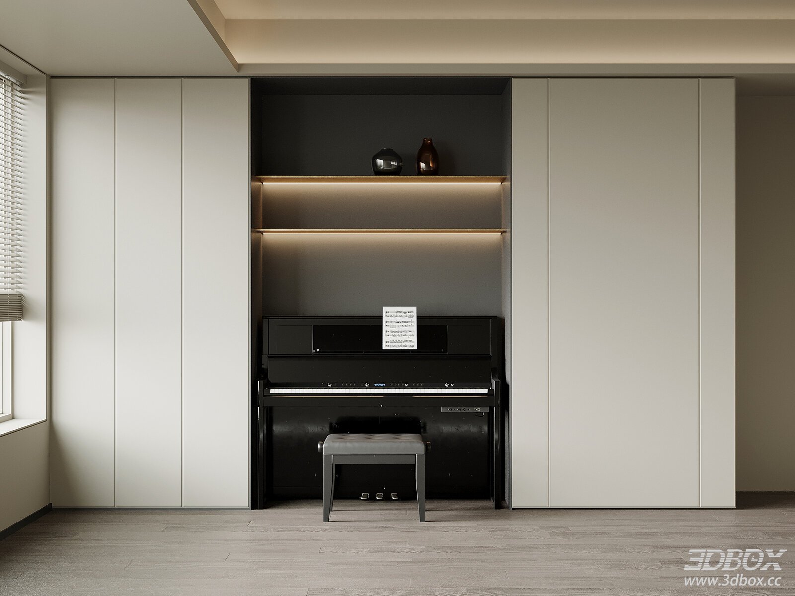 Modern Built-in Piano Cabinet with Display Shelf 3D model - front view