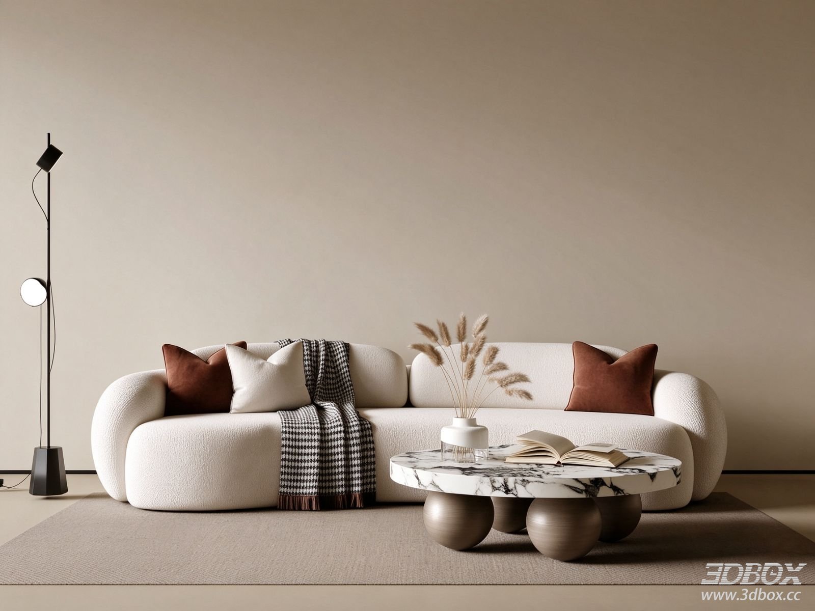 Modern Minimalist Living Room with Curved Sofa and Marble Coffee Table 3D model - front view