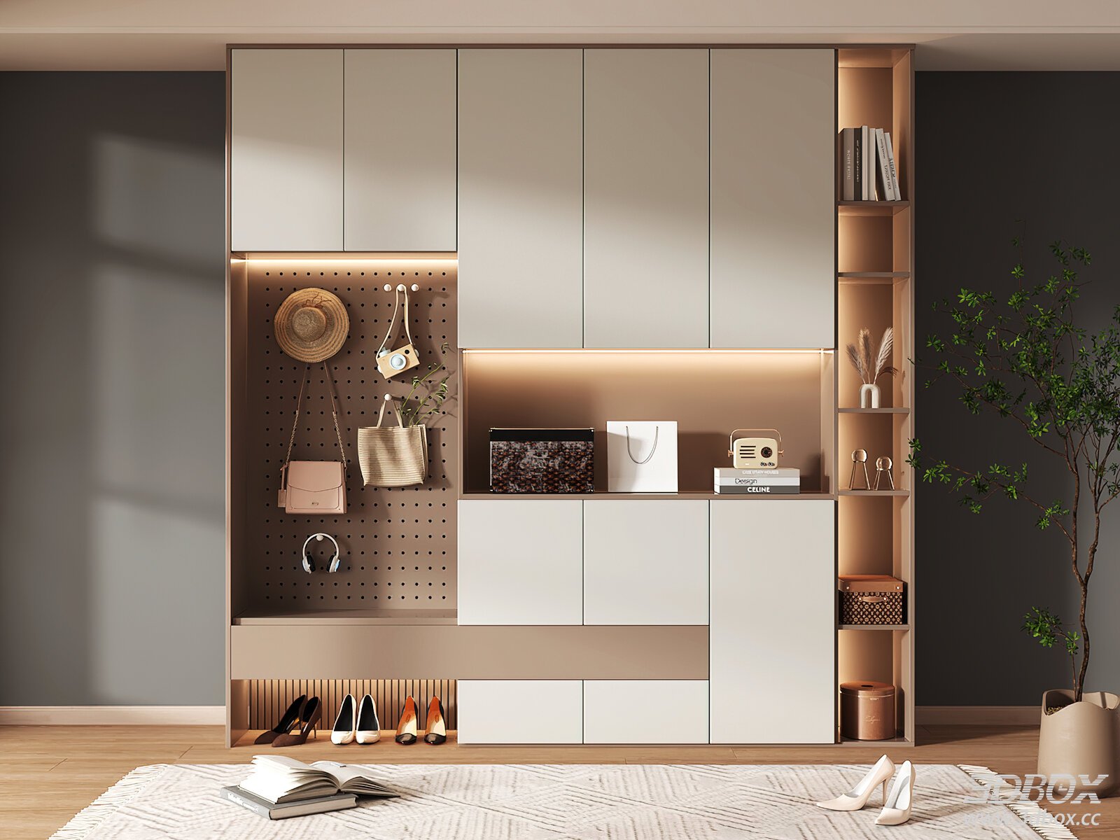 Modern Minimalist Hallway Shoe Storage Cabinet with LED Lighting 3D model - front view