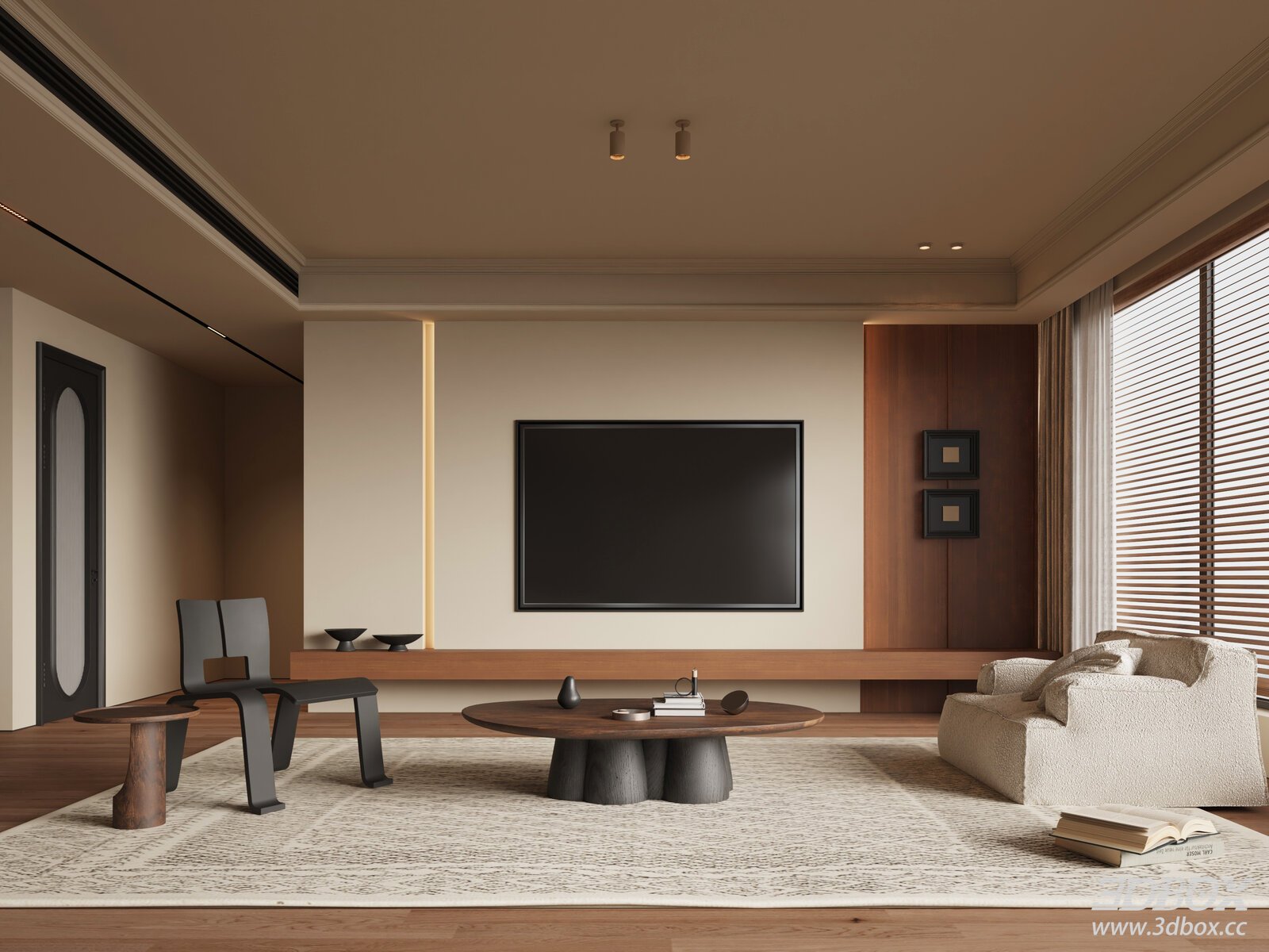 Modern Mid-Century Living Room with TV Background Wall 3D model - front view