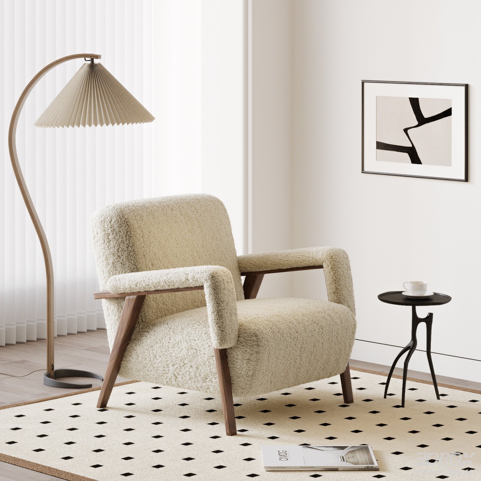 Mid Century Modern Fabric Upholstered Armchair with Wooden Frame 3D model - front view