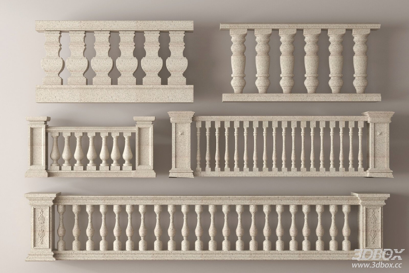 Classic Stone Balustrade Railing Set 3D model - front view