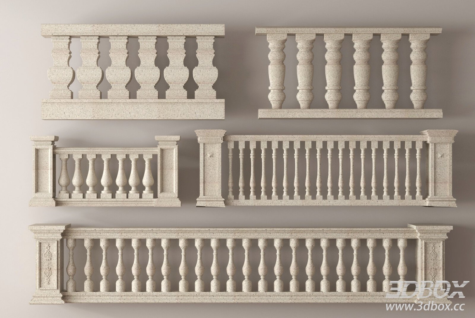 Classic Stone Balustrade Railing Set 3D model - thumbnail 1
