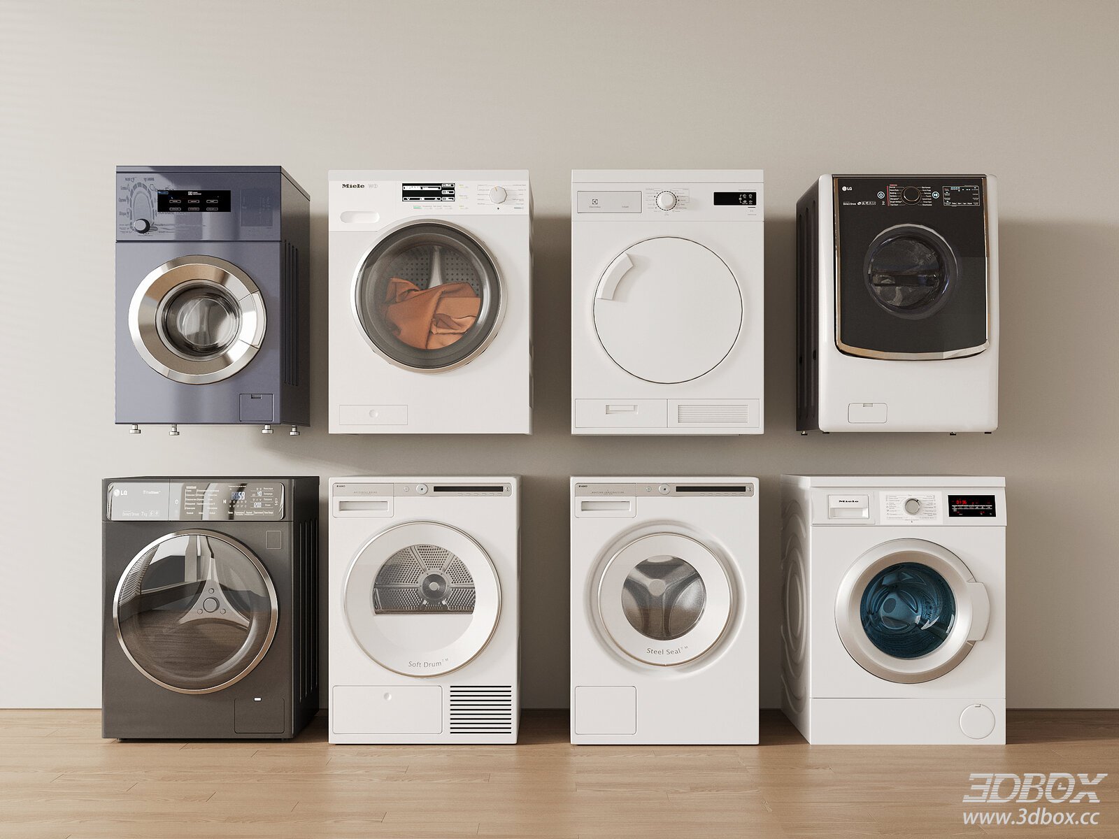 Modern Washing Machine and Dryer Set Collection 3D model - front view