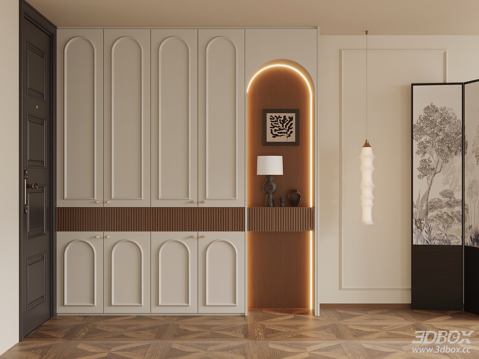 French Vintage Style Entry Shoe Cabinet Hallway Scene 3D model - front view