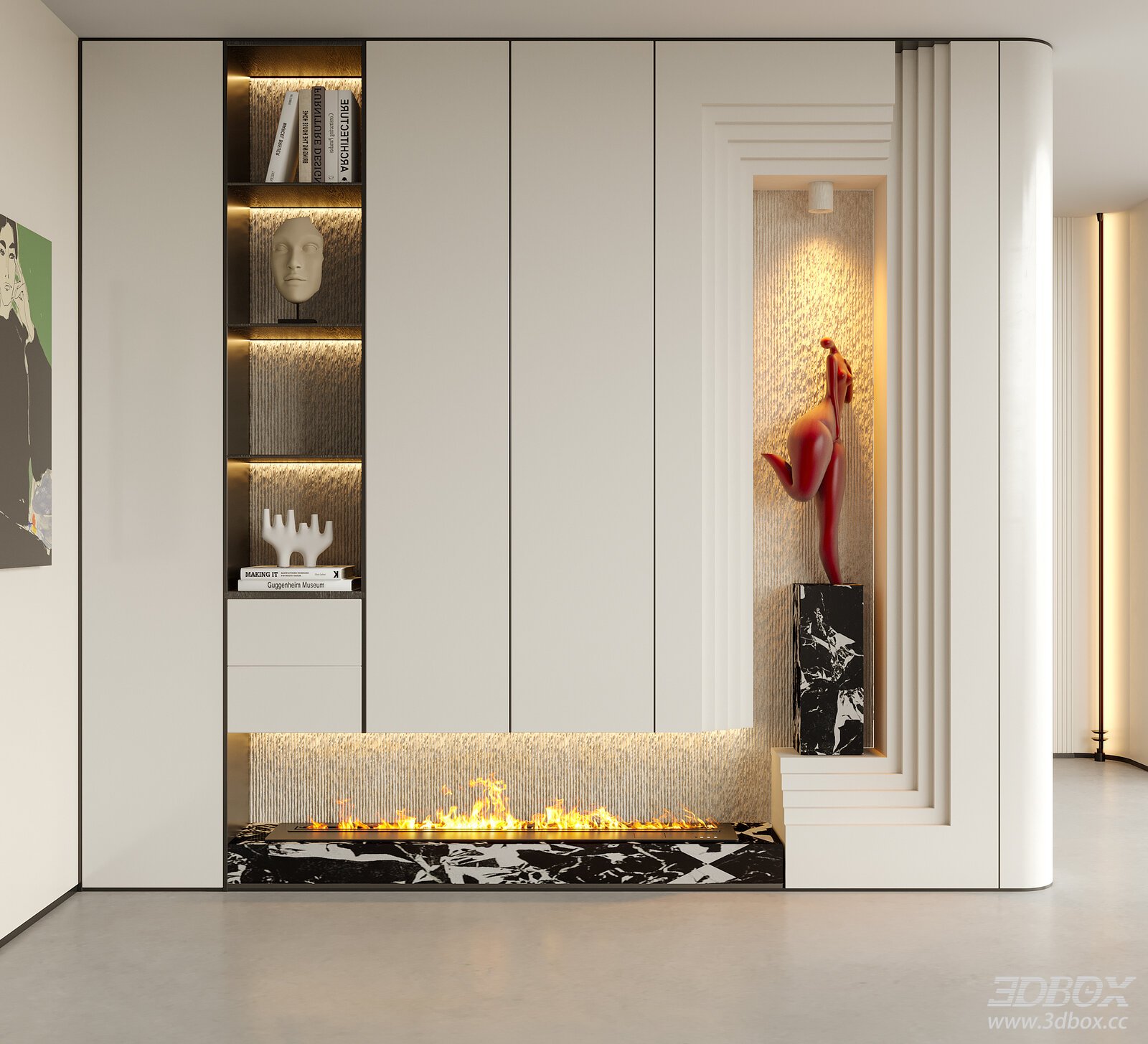 Modern Minimalist Entry Hallway with Decorative Cabinet and Sculpture 3D model - front view