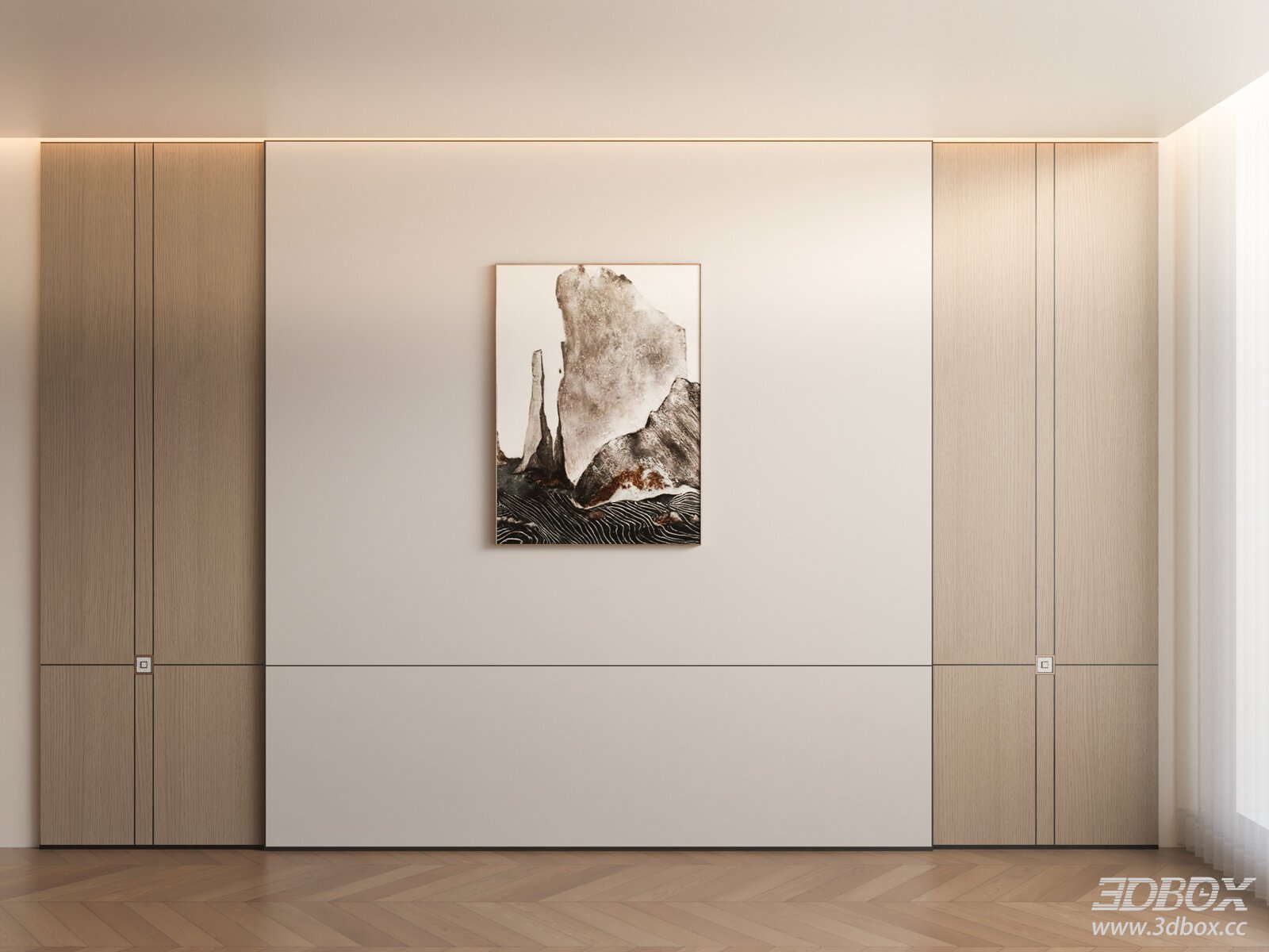 Modern Minimalist TV Wall with Wood Panels and Decor Painting 3D model - front view