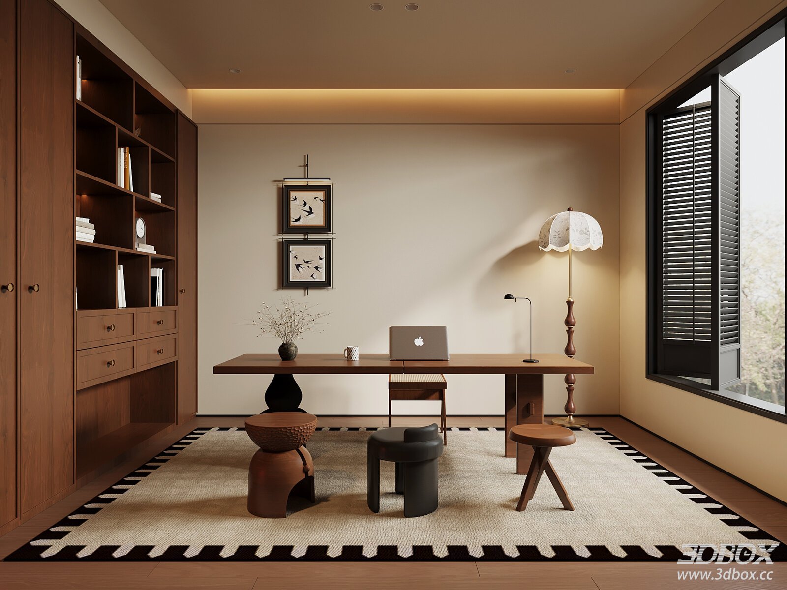 Mid-Century Modern Study Room with Wooden Desk and Bookcase 3D model - front view