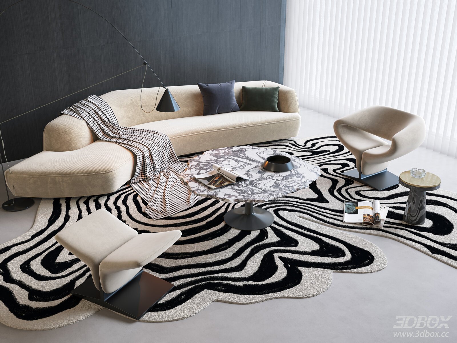 Modern Curved Sofa Coffee Table Armchair Set Living Room Furniture 3D model - front view