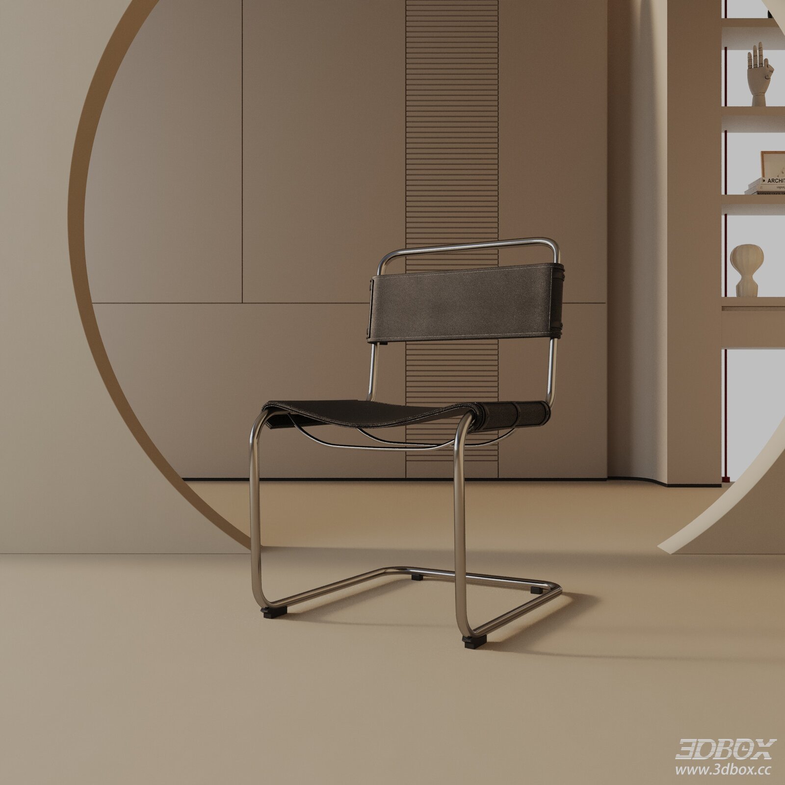 Modern Minimalist Cantilever Chair with Leather Seat and Metal Frame 3D model - front view