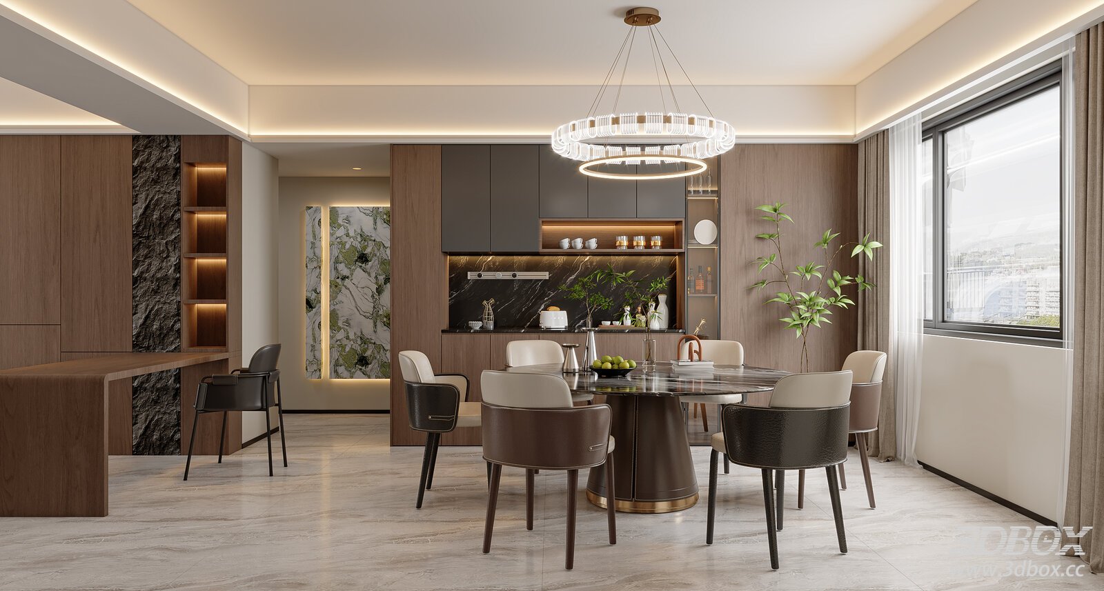 Italian light luxury dining room with kitchen island interior 3D model - front view
