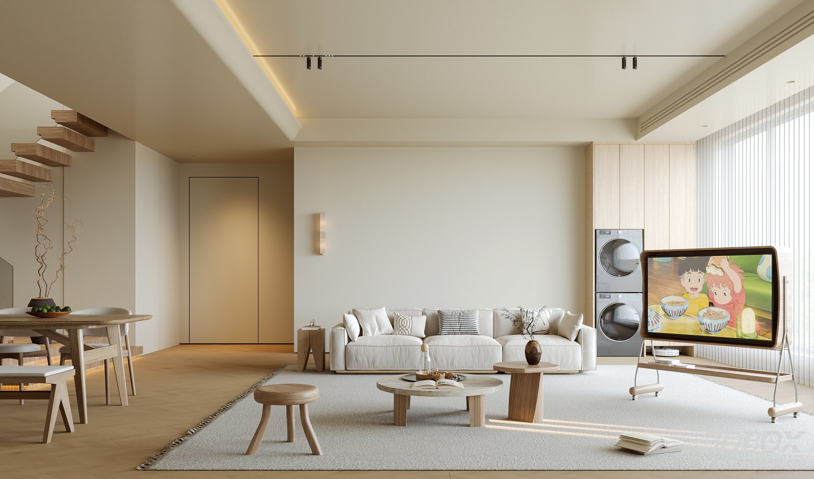 Natural Wood Style Living and Dining Room Interior 3D model - front view