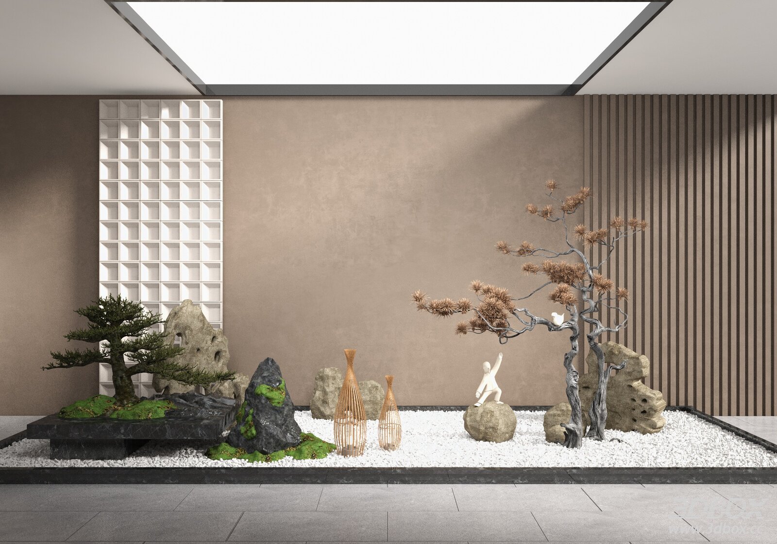 Indoor Zen Landscape Decor Set with Pine Trees and Stones 3D model - front view