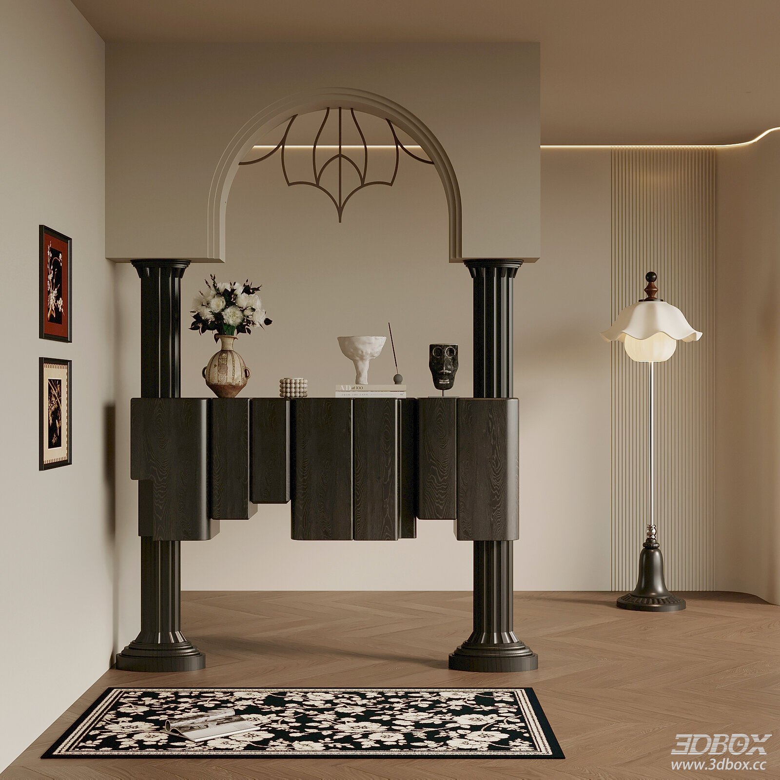 French Style Hallway Partition Console Scene 3D model - front view