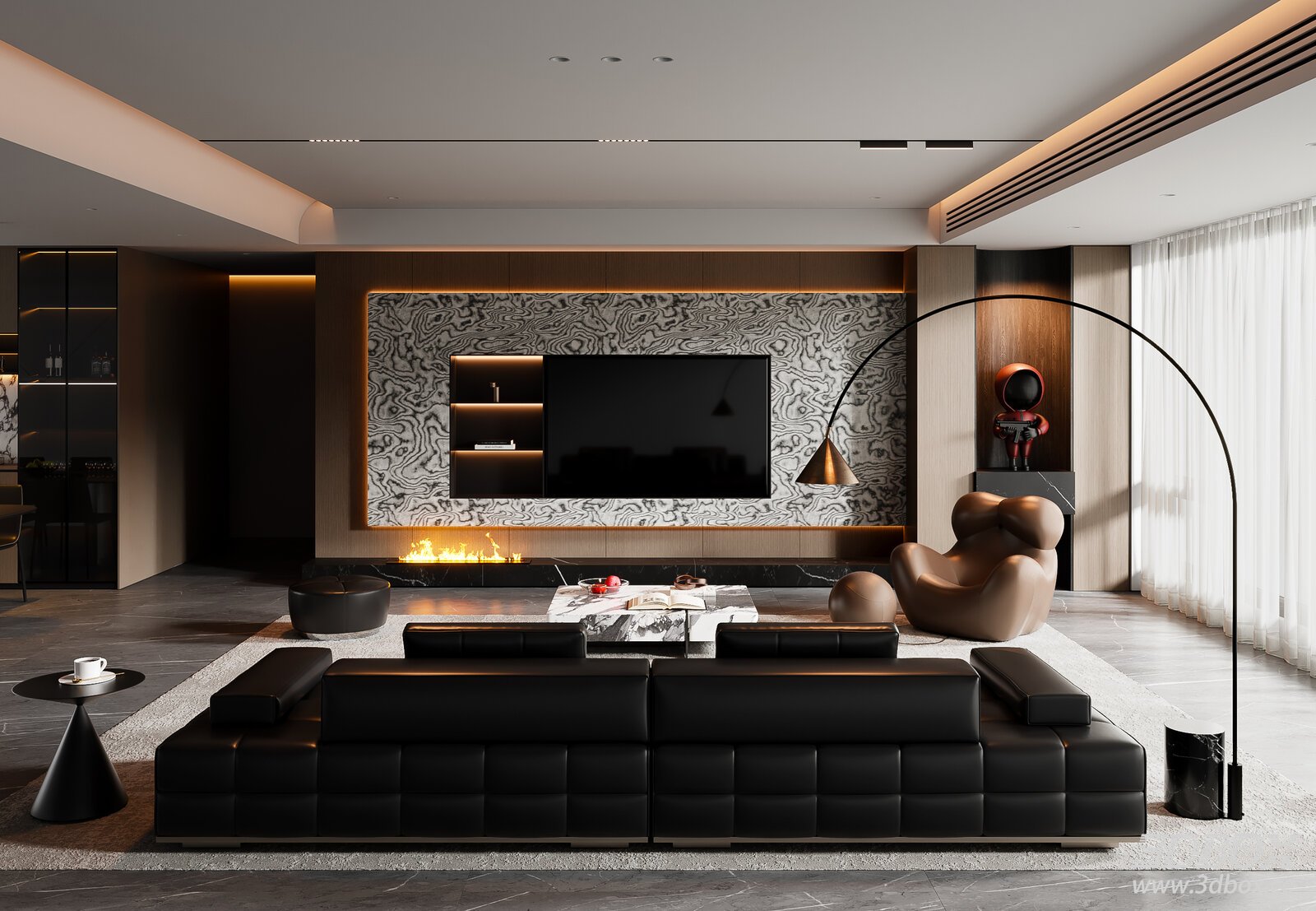 Modern Italian Style Living and Dining Room Interior 3D model - front view