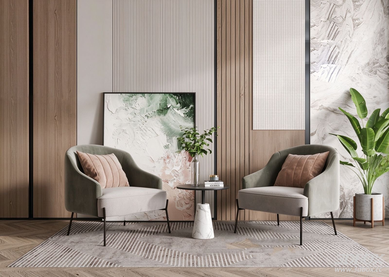 Modern Velvet Armchair Set with Side Table and Decor 3D model - front view