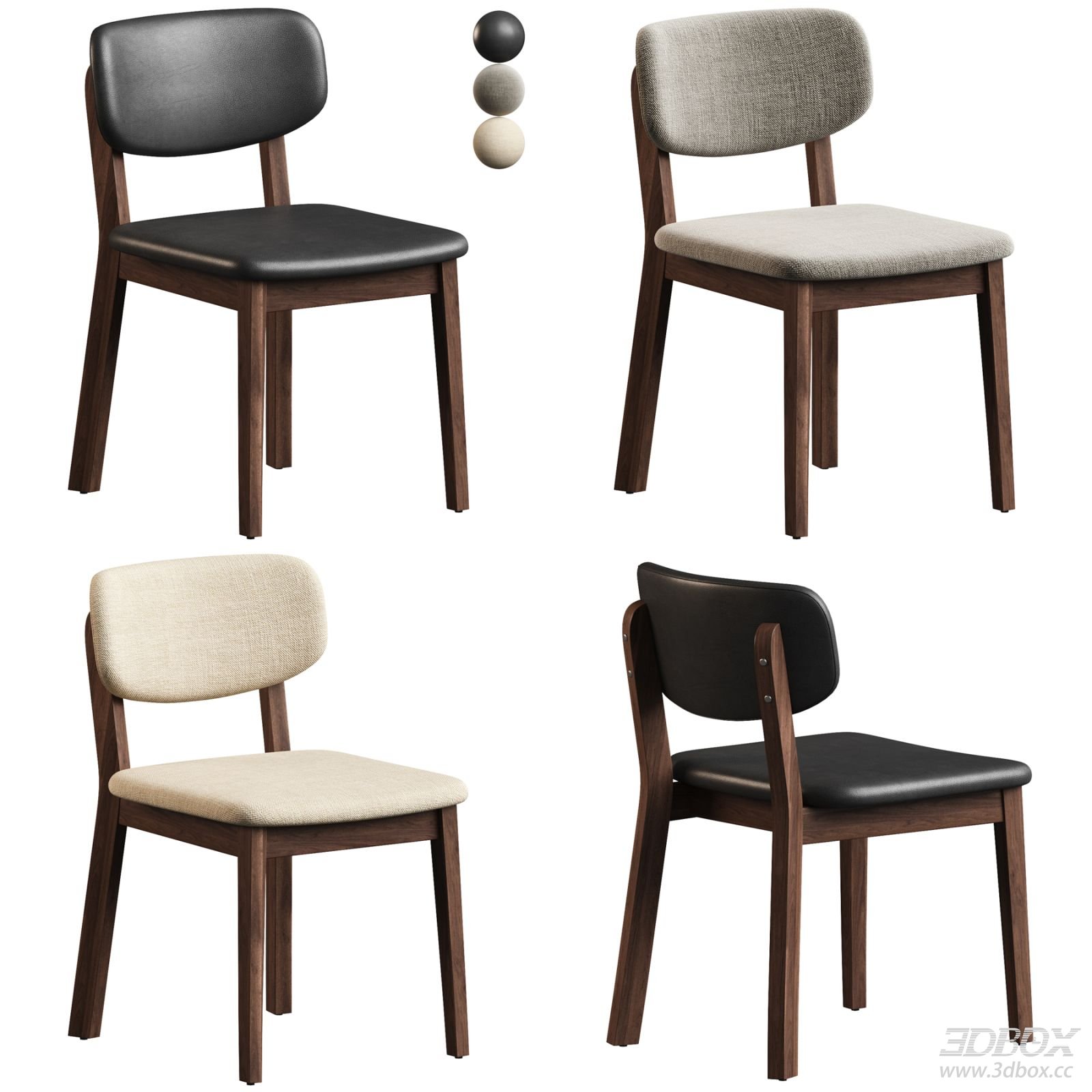 Modern Walnut Upholstered Dining Chair Set 3D model - front view