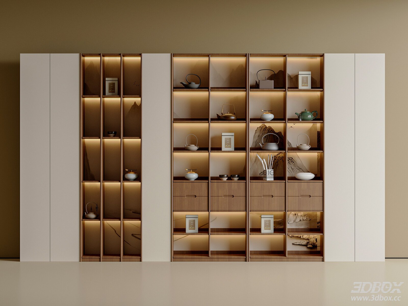 New Chinese Style Tea Display Cabinet with Teapot Decor 3D model - front view