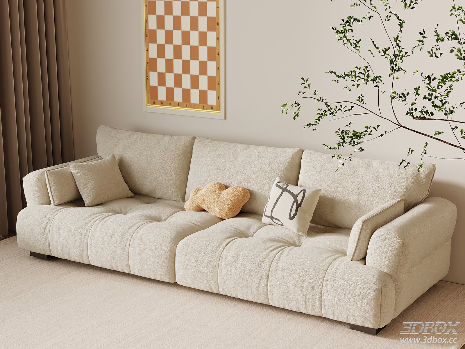 Modern Cream Style Beige Fabric Sofa Set 3D model - front view