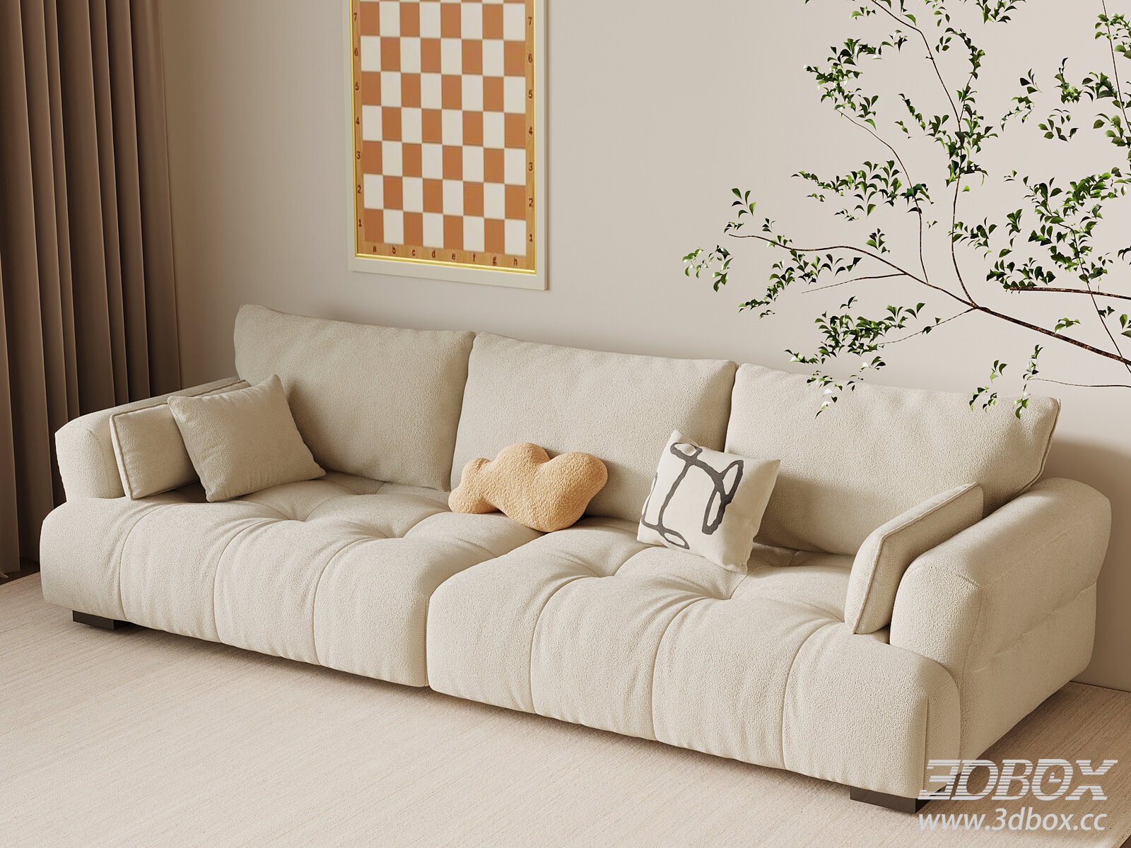 Modern Cream Style Beige Fabric Sofa Set 3D model - thumbnail 1
