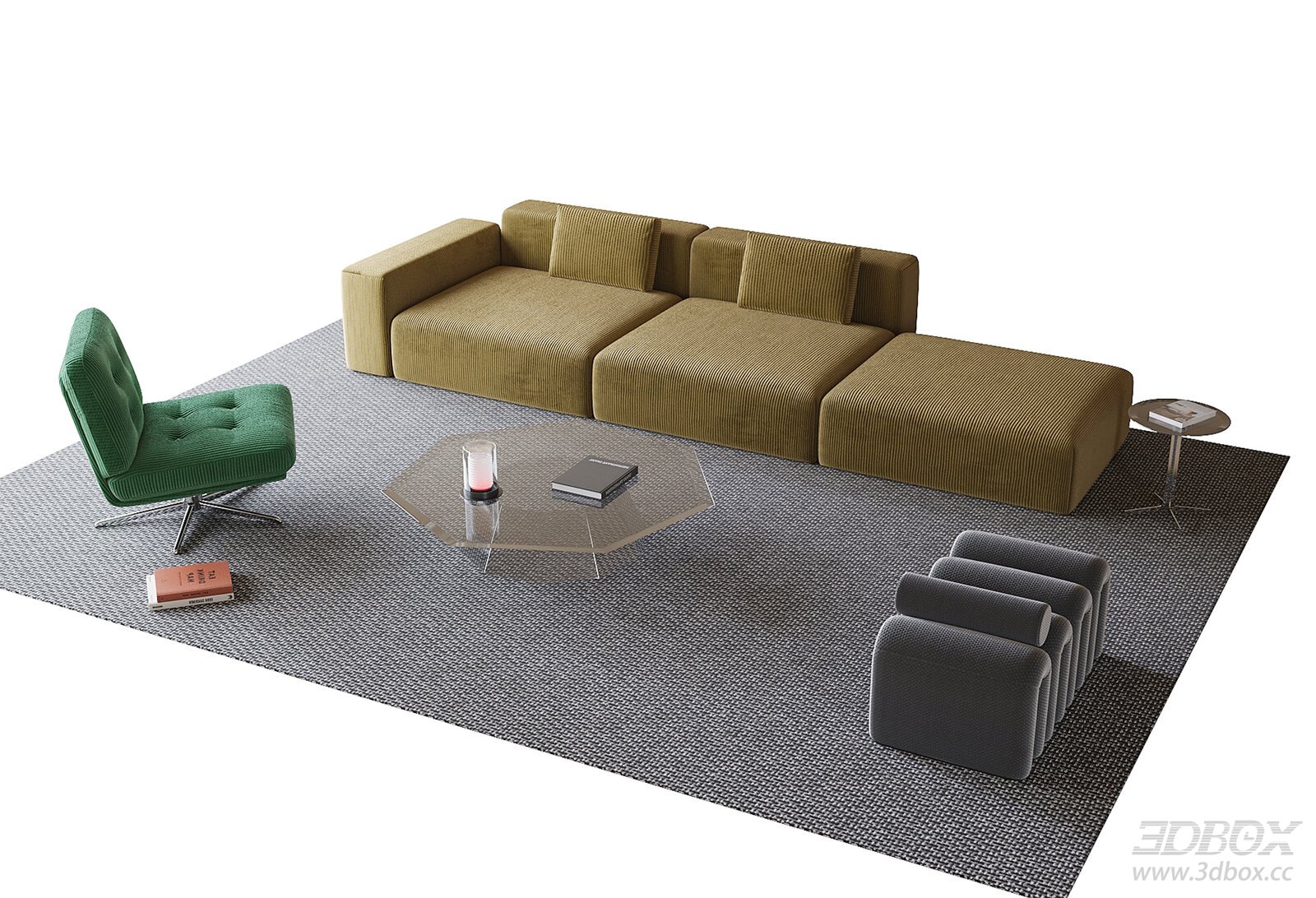 Modern Fabric Sofa Set with Coffee Table and Armchairs 3D model - front view