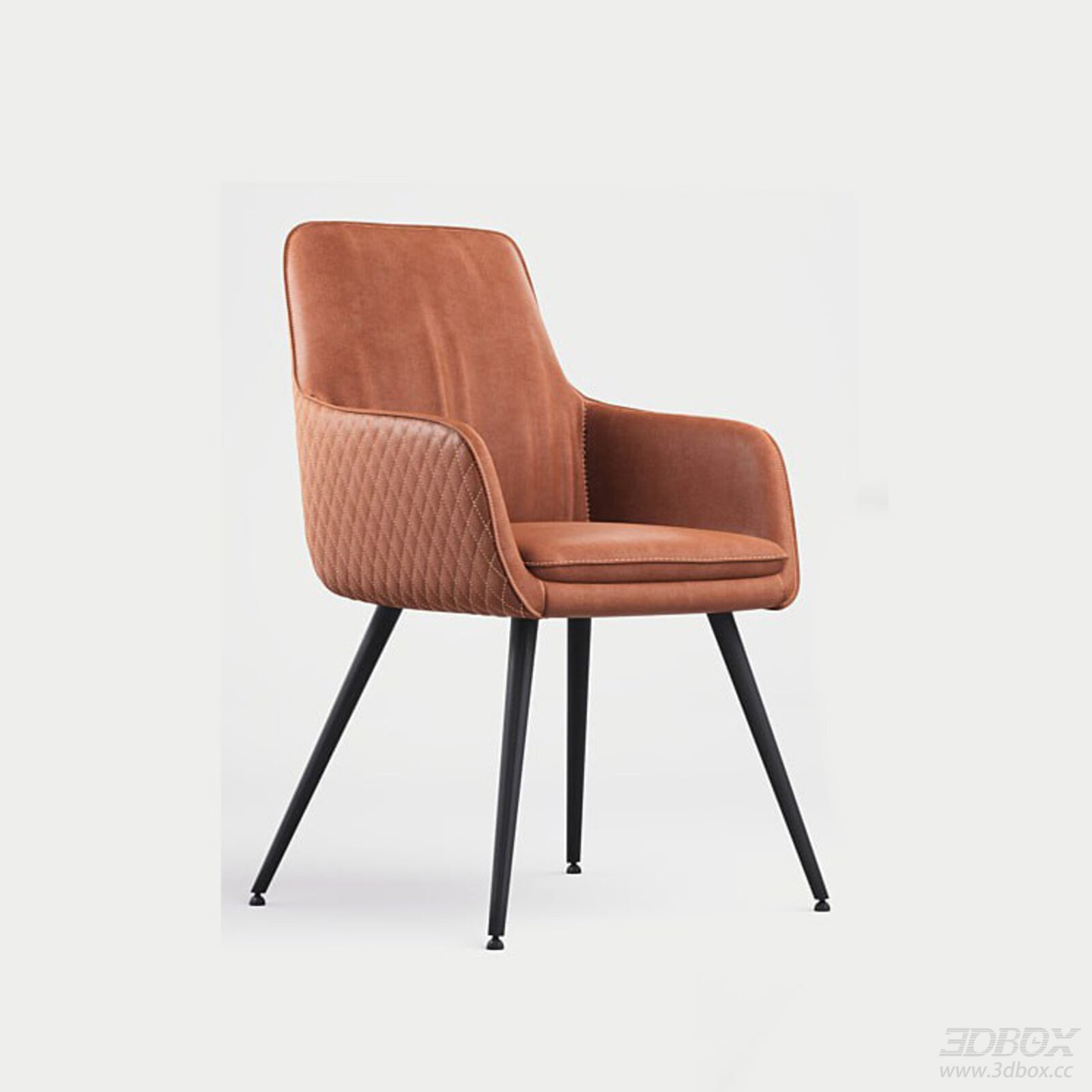 Modern Brown Leather Upholstered Dining Armchair with Metal Legs 3D model - front view
